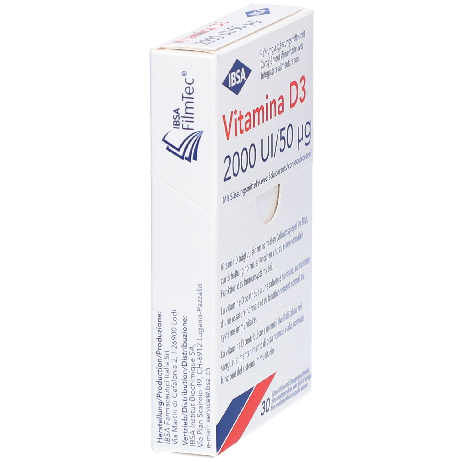 Weiße Schachtel, IBSA-Logo, Text: Vitamina D3 2000 UI/50 µg. Seitenansicht. Text in Deutsch, Französisch, Italienisch. Filmtec-Logo.