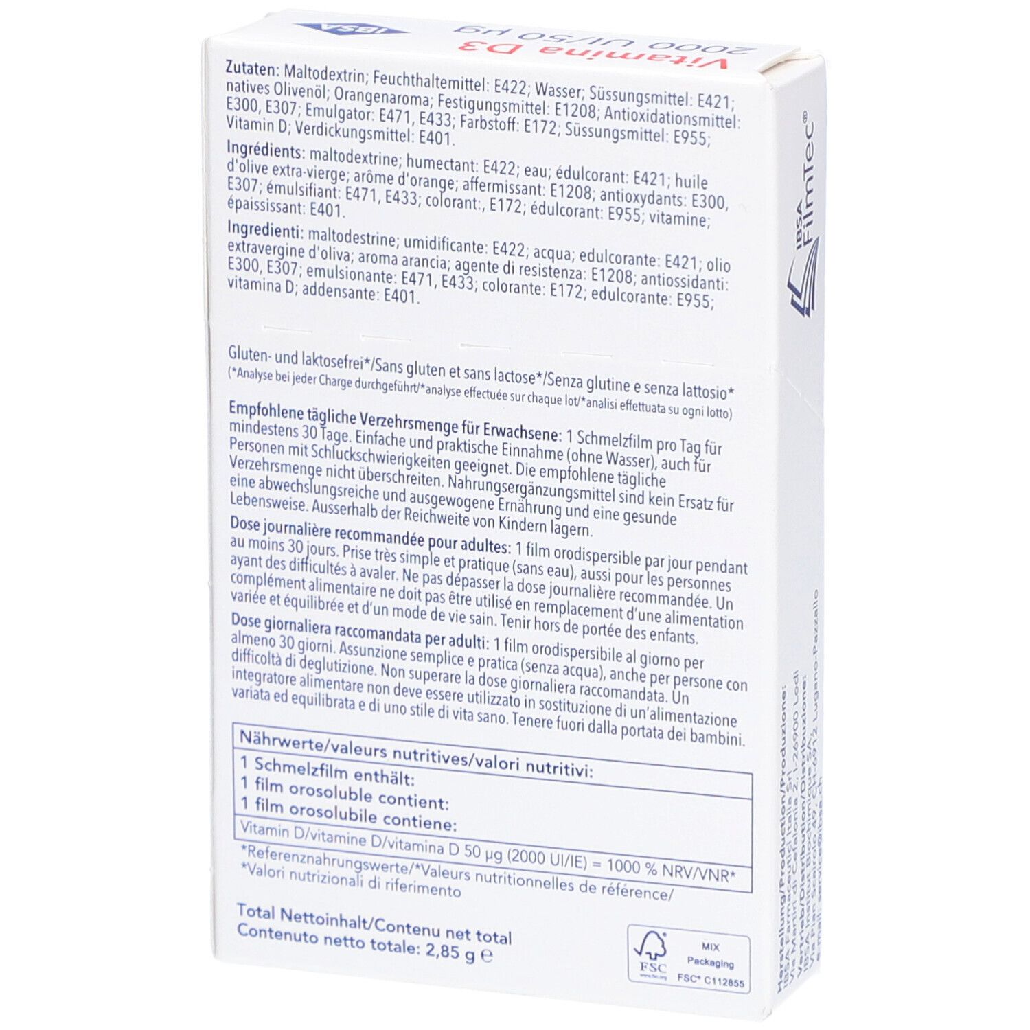 Rückseite der weißen Schachtel. Text über Inhaltsstoffe, Anwendung und Nährwerte. Gluten- und laktosefrei. Gesamtinhalt 2,85 g.