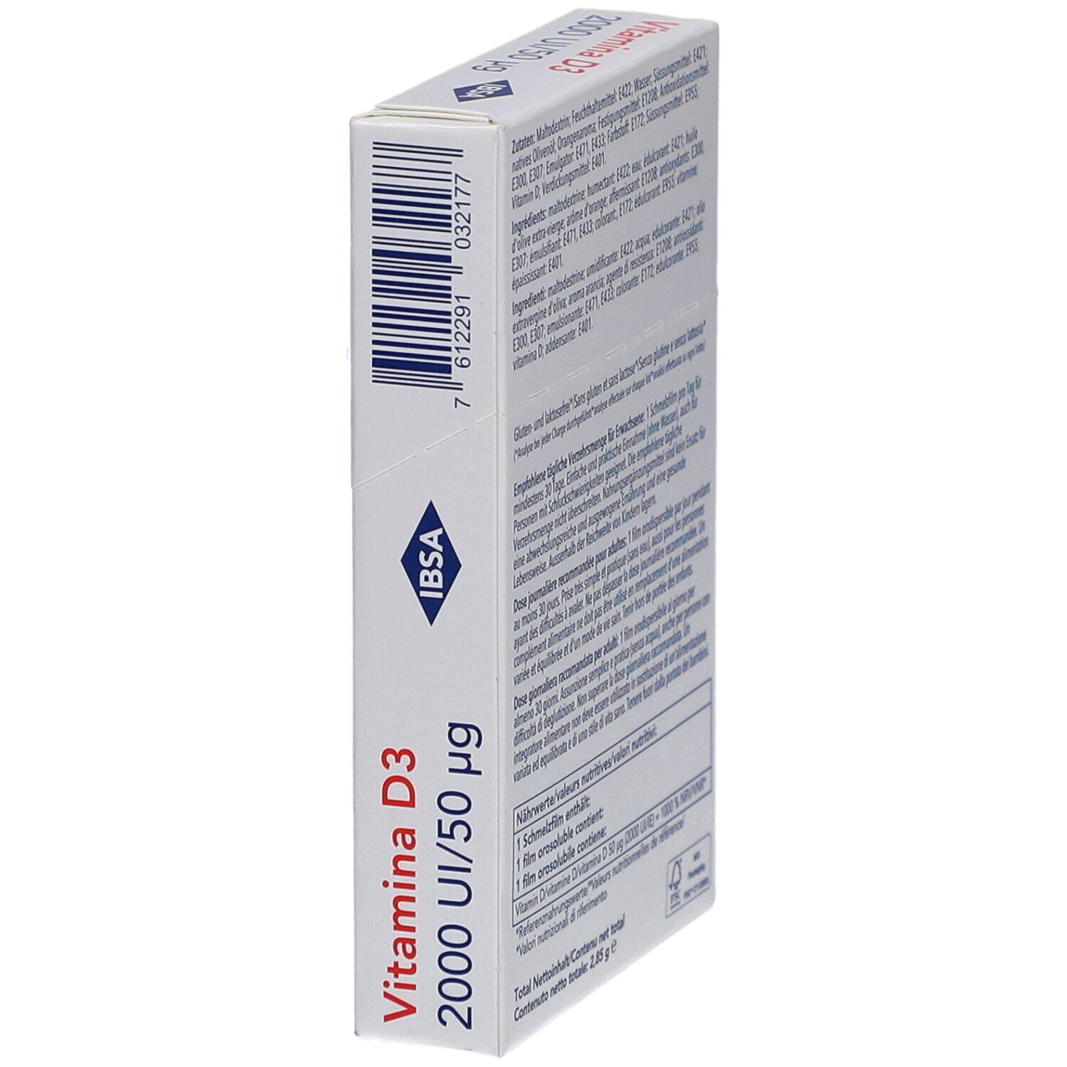 Weiße Schachtel, IBSA-Logo, Text: Vitamina D3 2000 UI/50 µg. Barcode. Text in Deutsch, Französisch, Italienisch. Gesamtinhalt 2,85 g.