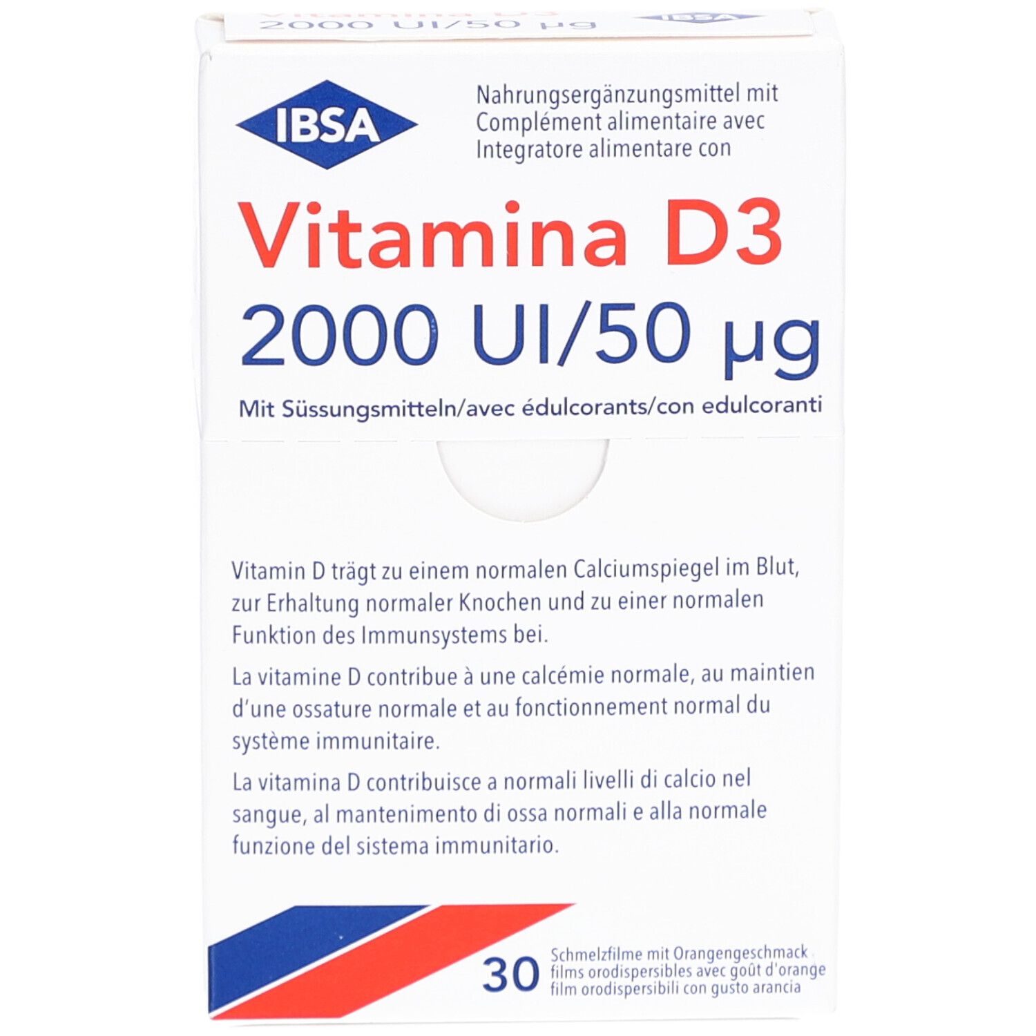 Weiße Schachtel mit IBSA-Logo und Text: Vitamina D3 2000 UI/50 µg. Enthält 30 Schmelzfilme. Text in Deutsch, Französisch, Italienisch.