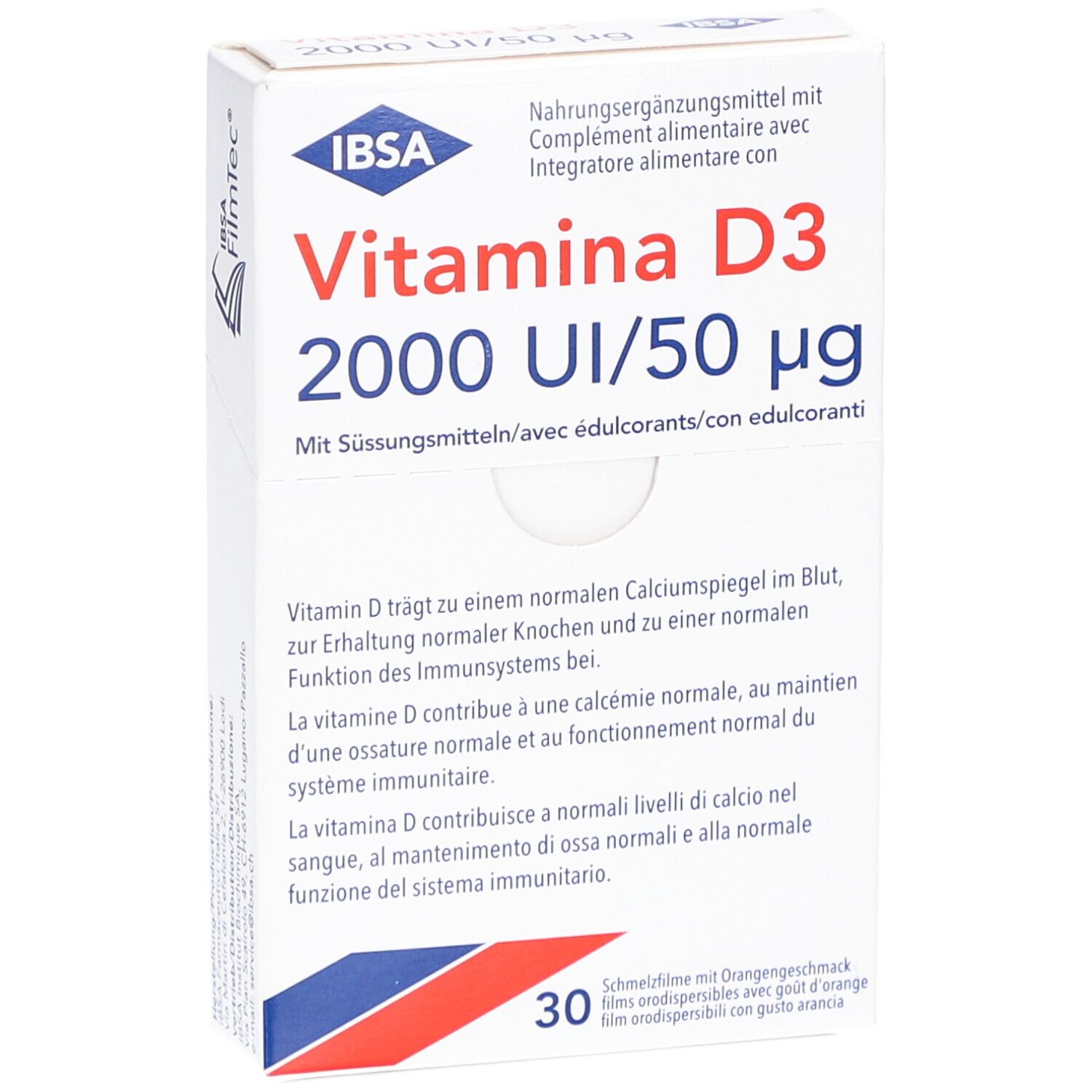 Weiße Schachtel, IBSA-Logo, Text: Vitamina D3 2000 UI/50 µg. Enthält 30 Schmelzfilme. Text in Deutsch, Französisch, Italienisch. Filmtec-Logo.