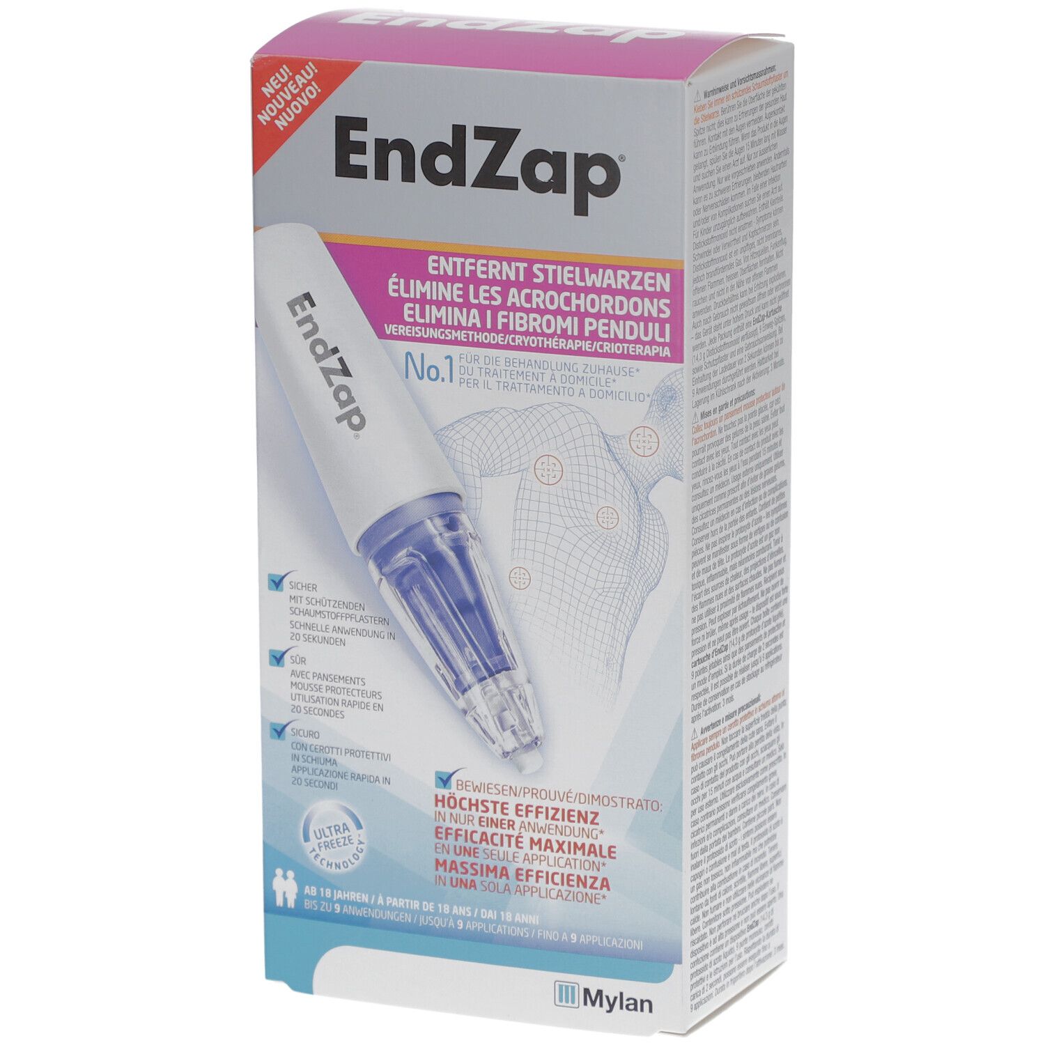 Produktverpackung von EndZap. Enthält ein Applikator-Gerät. Text: Entfernt Stielwarzen, No.1, Ultra Freeze.