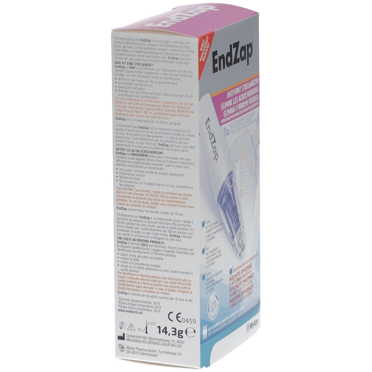 Seitenansicht der EndZap-Verpackung. Text: EndZap, CE-Kennzeichnung, 14,3g. Enthält Informationen und Anweisungen.