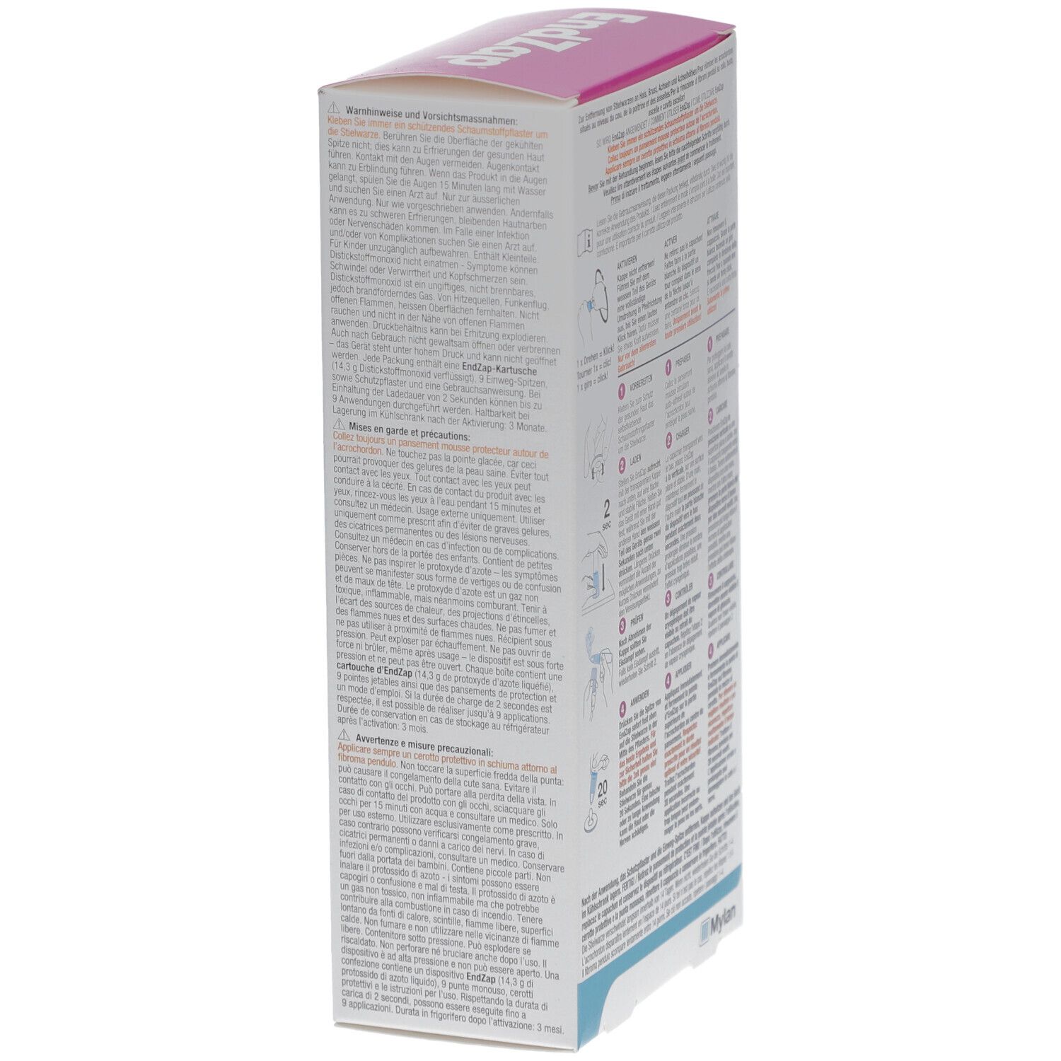 Seitenansicht der EndZap-Verpackung. Enthält Informationen und Anweisungen in verschiedenen Sprachen.