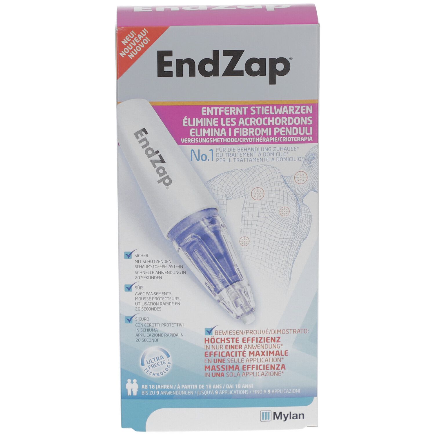 Produktverpackung von EndZap. Enthält ein Applikator-Gerät. Text: Entfernt Stielwarzen, No.1, Ultra Freeze.