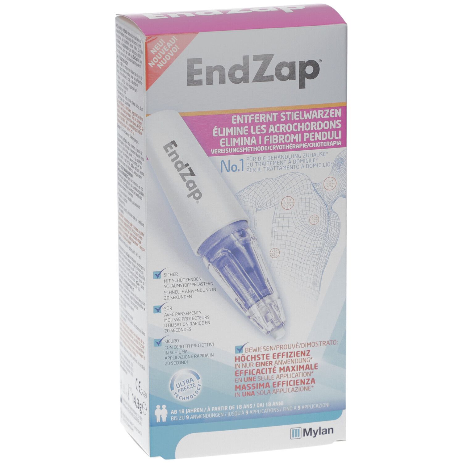 Produktverpackung von EndZap. Enthält ein Applikator-Gerät. Text: Entfernt Stielwarzen, No.1, Ultra Freeze.