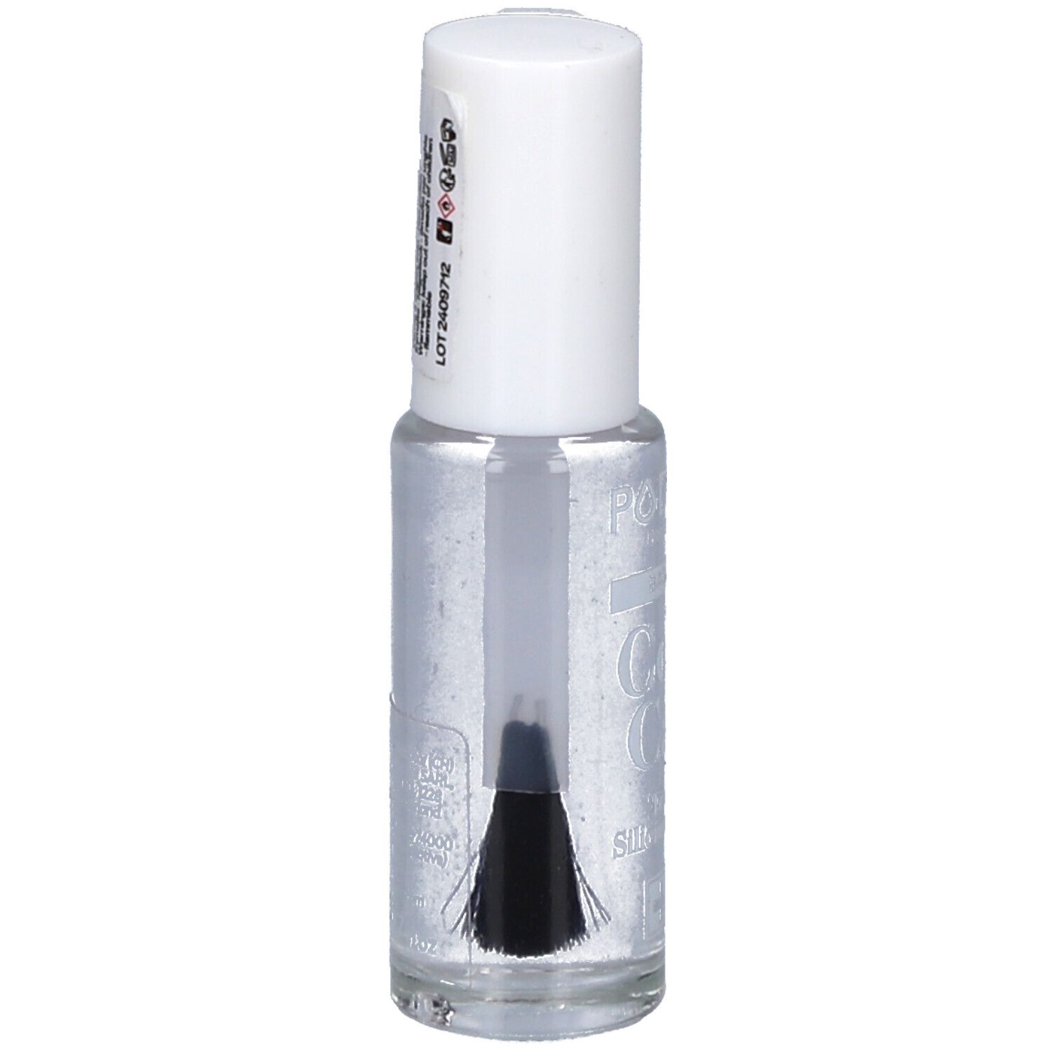 Nagellackflasche mit weißem Deckel. Rückseite mit Informationen und Barcode.