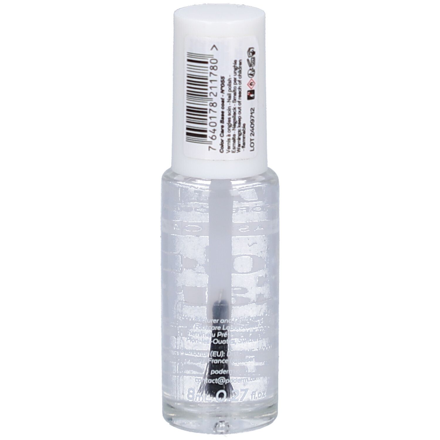 Nagellackflasche mit weißem Deckel. Rückseite mit Informationen und Barcode.