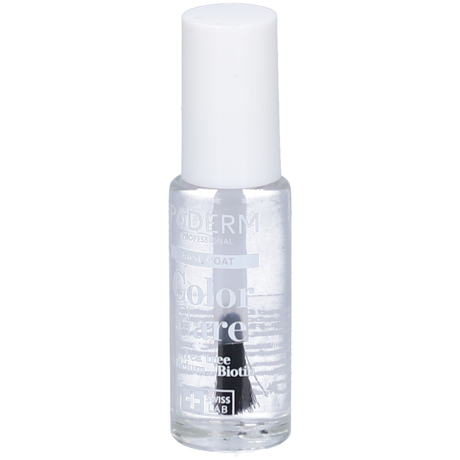 Klare Nagellackflasche mit weißem Deckel. Aufschrift: PODERM, Base Coat, Color Care, Swiss Lab.
