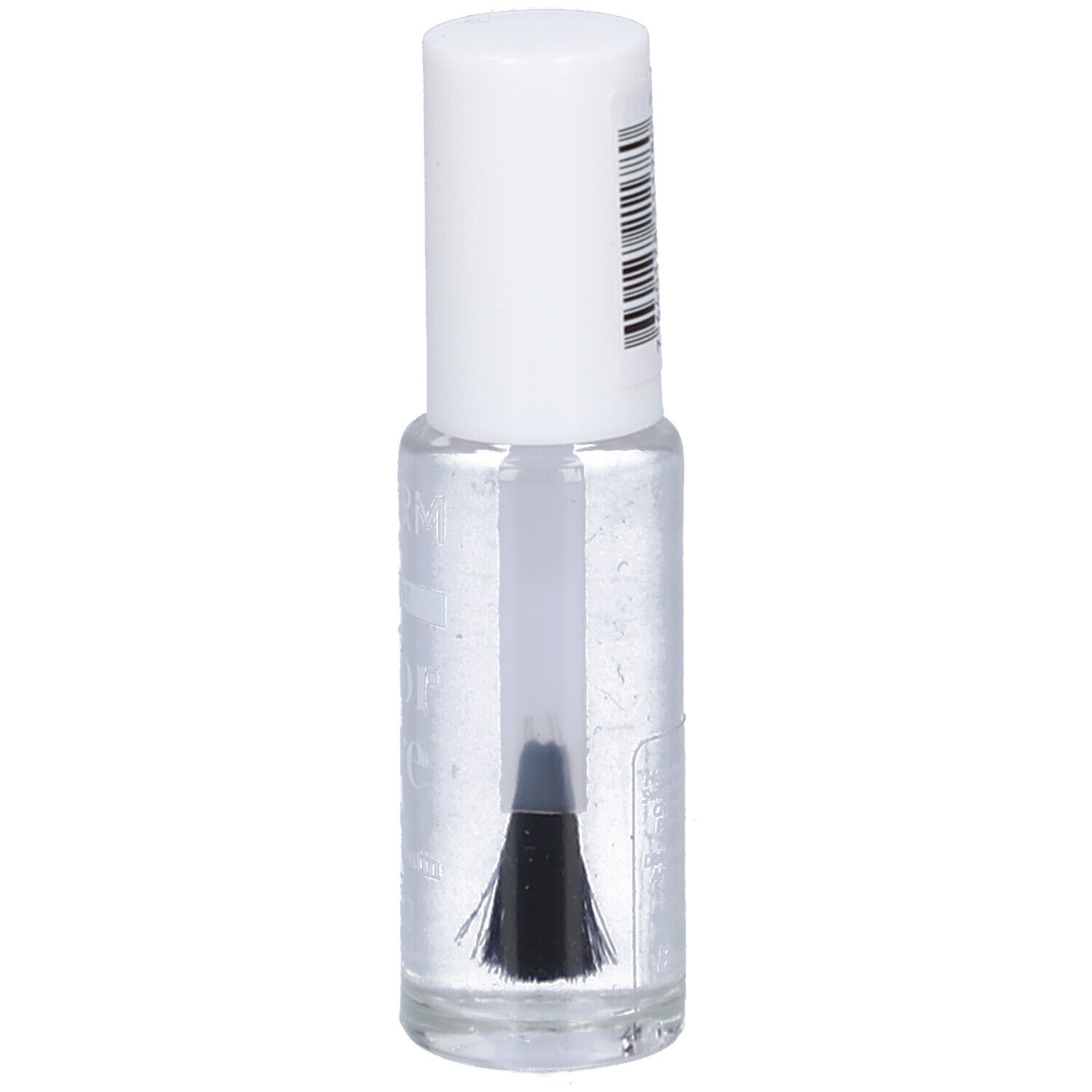 Klare Nagellackflasche mit weißem Deckel. Pinsel sichtbar.