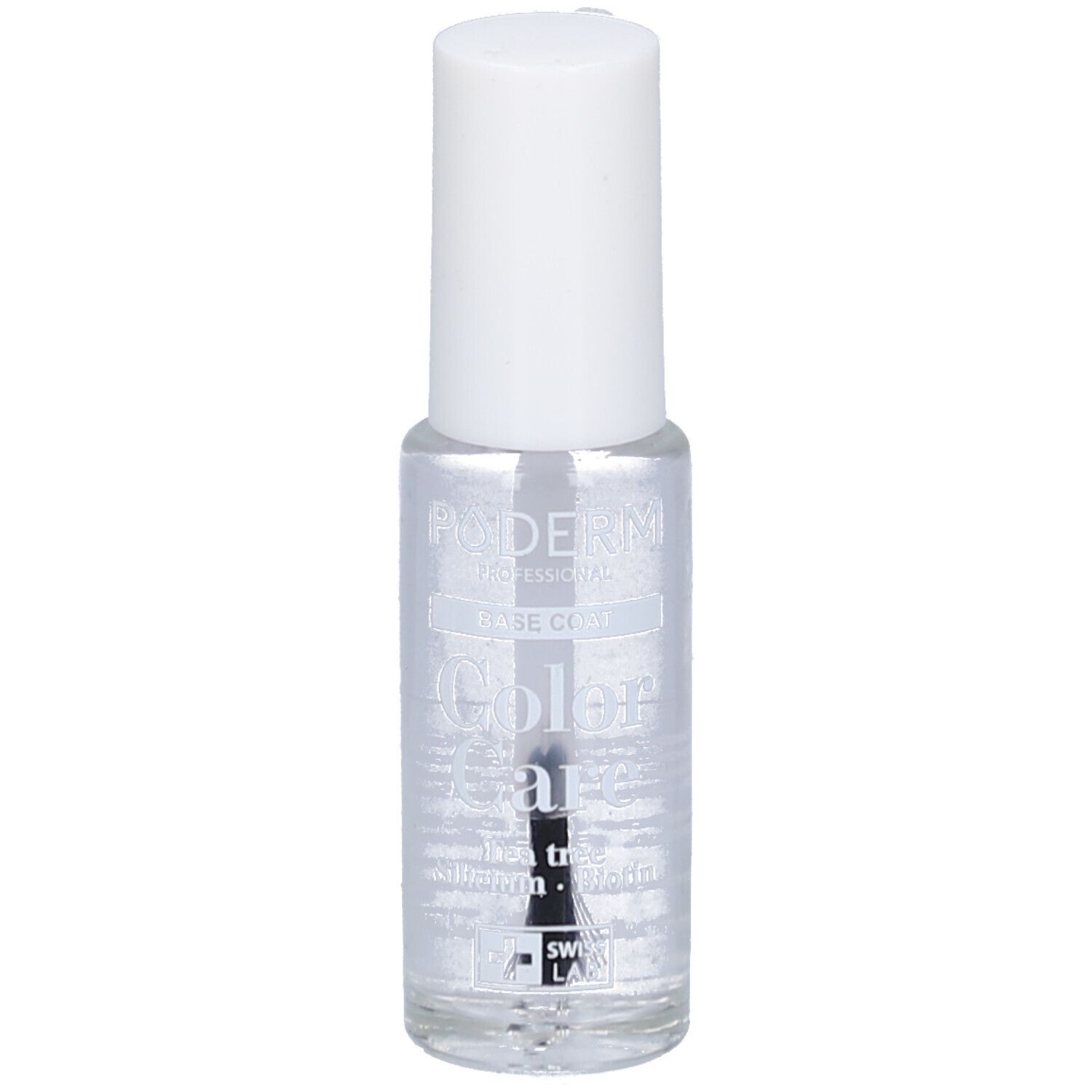 Klare Nagellackflasche mit weißem Deckel. Aufschrift: PODERM, Base Coat, Color Care, Swiss Lab.
