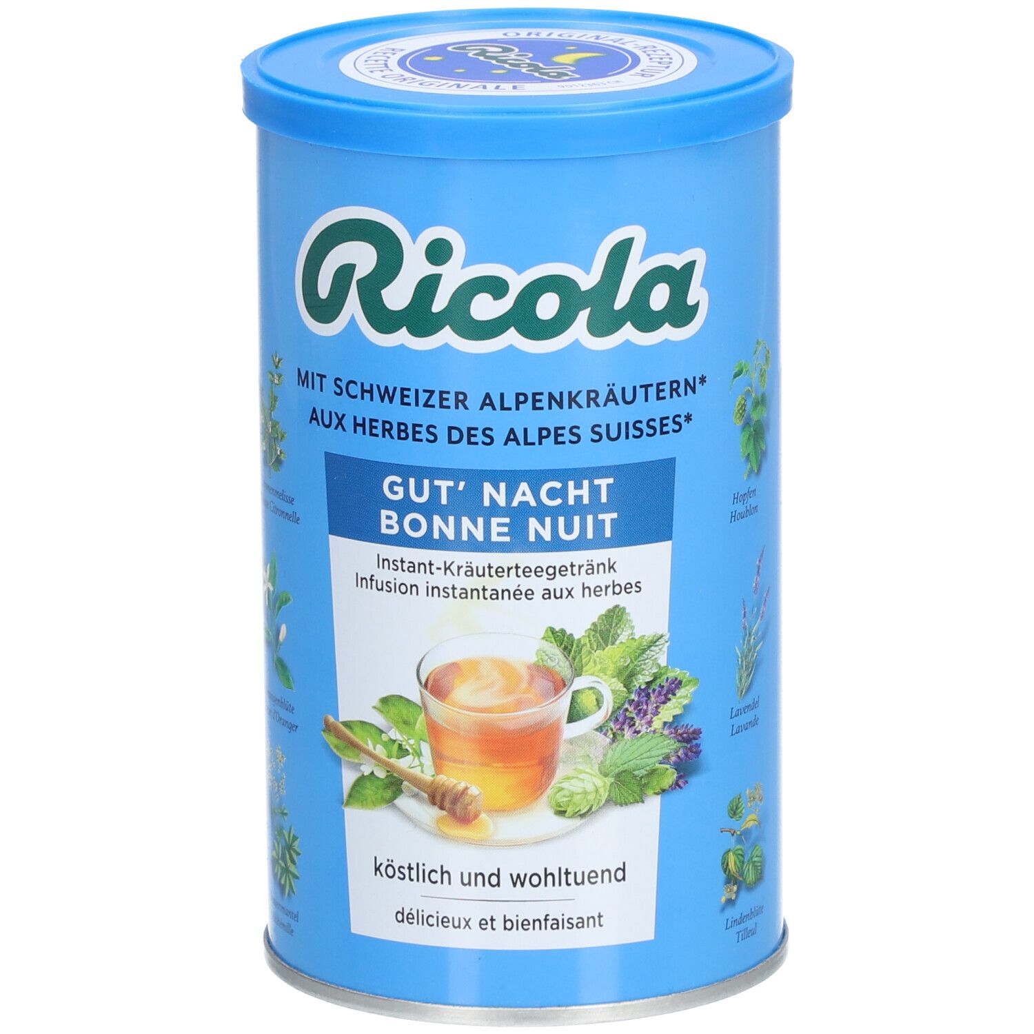 Blaue Dose mit Ricola-Logo und Aufschrift 'Gut' Nacht'. Abbildung von Kräutern und Tee.