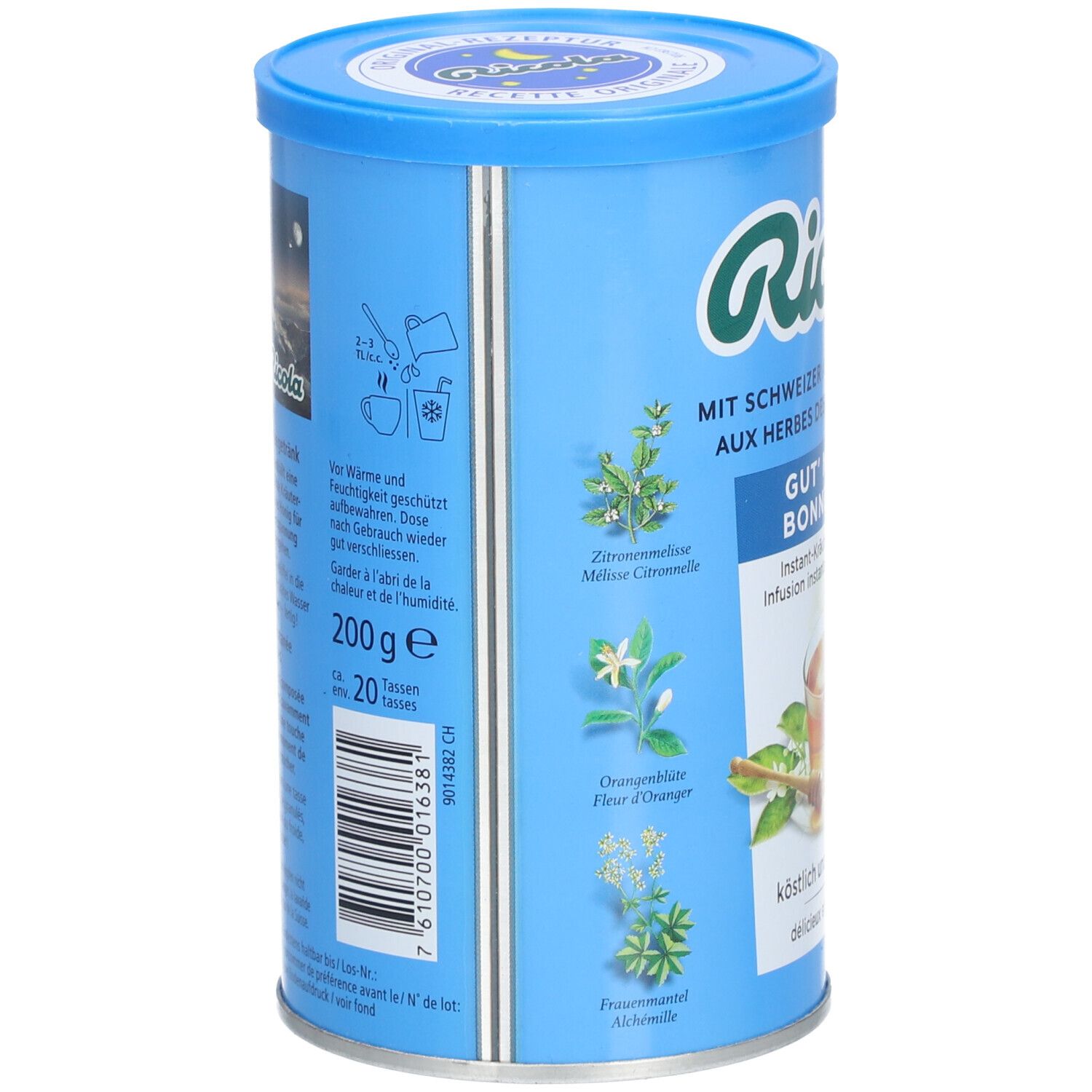 Blaue Dose mit Ricola. Rückseite mit Zutaten, 200g, und Kräuterabbildungen. Text in Deutsch und Französisch.