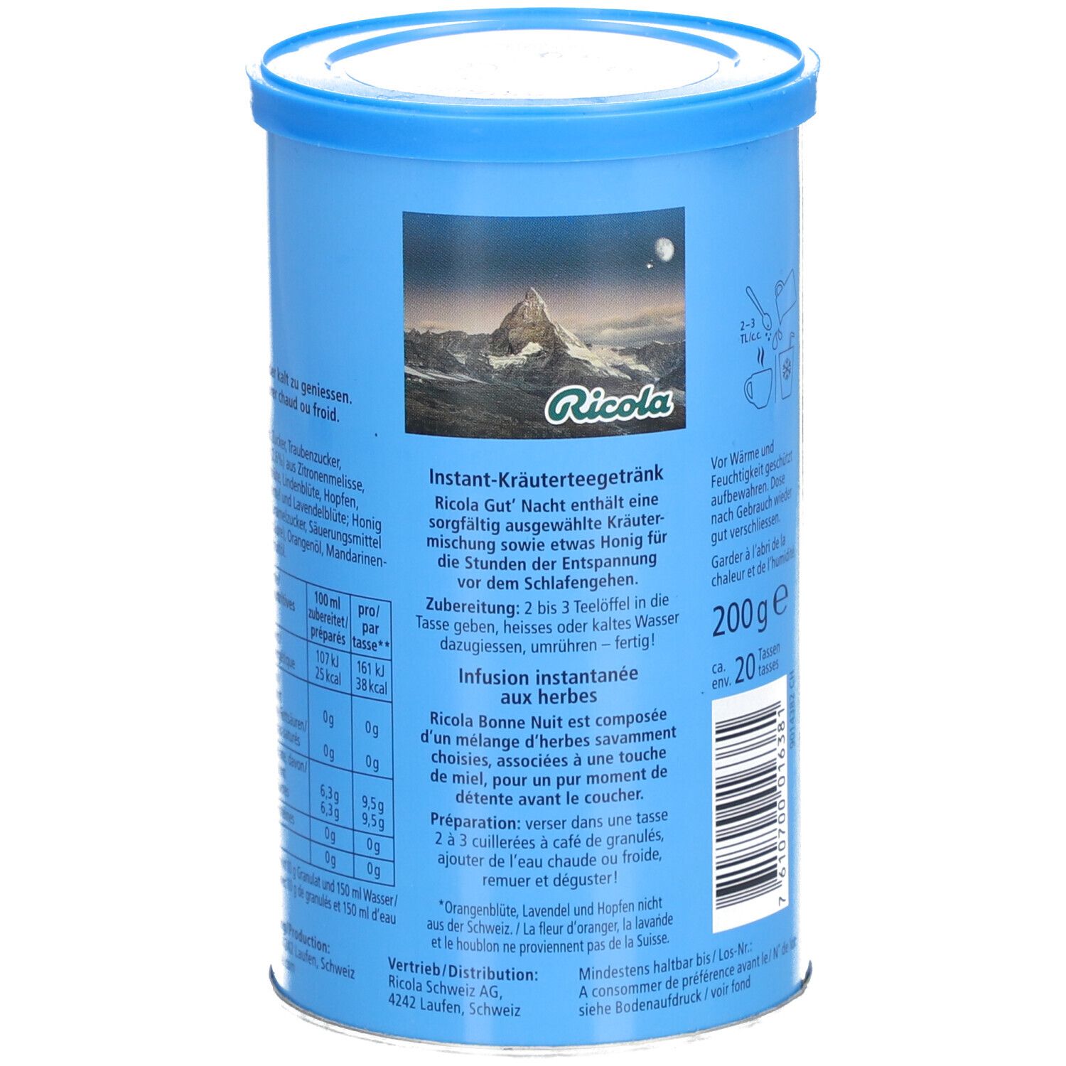 Blaue Dose mit Ricola-Logo und 'Gut' Nacht'. Berglandschaft. Text in Deutsch und Französisch.