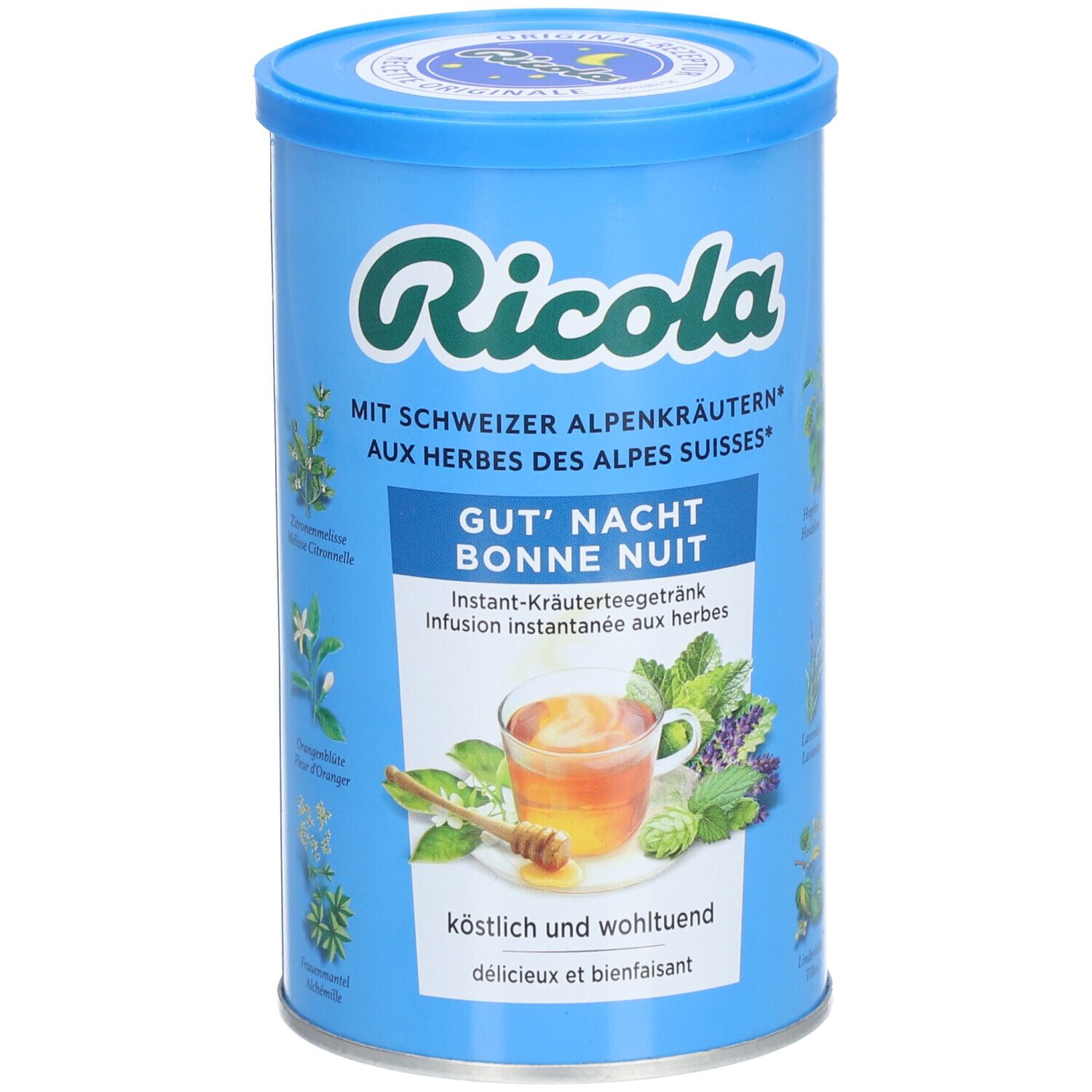 Blaue Dose mit Ricola-Logo und 'Gut' Nacht'. Abbildung von Kräutern und Tee. Text in Deutsch und Französisch.