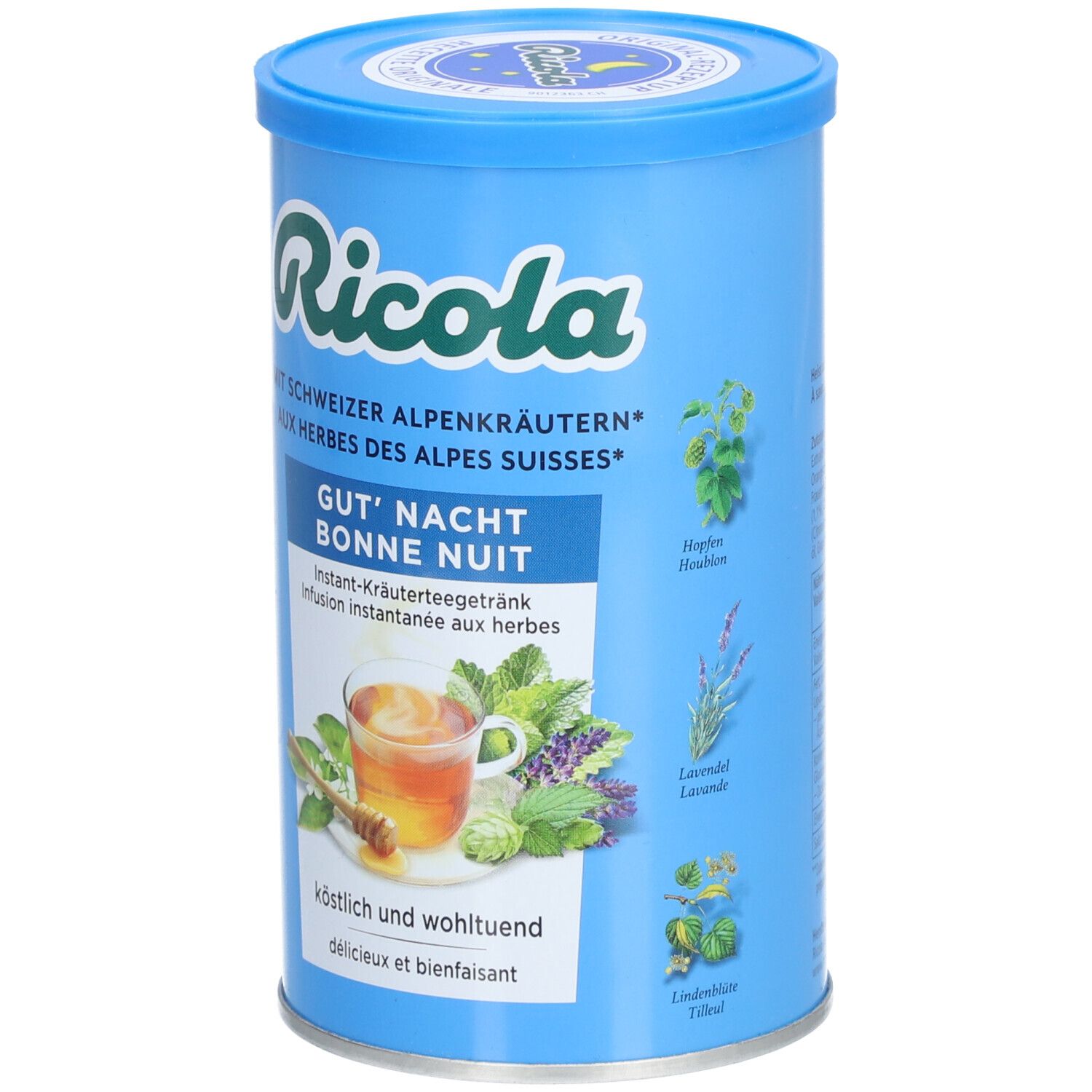 Blaue Dose mit Ricola-Logo und 'Gut' Nacht'. Kräuterabbildungen. Text in Deutsch und Französisch.