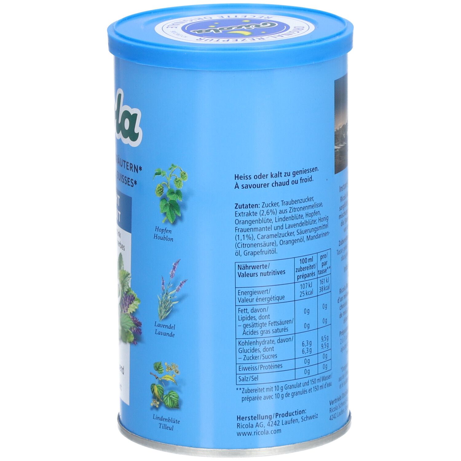 Blaue Dose mit Ricola. Rückseite mit Nährwertangaben und Kräuterabbildungen. Text in Deutsch.