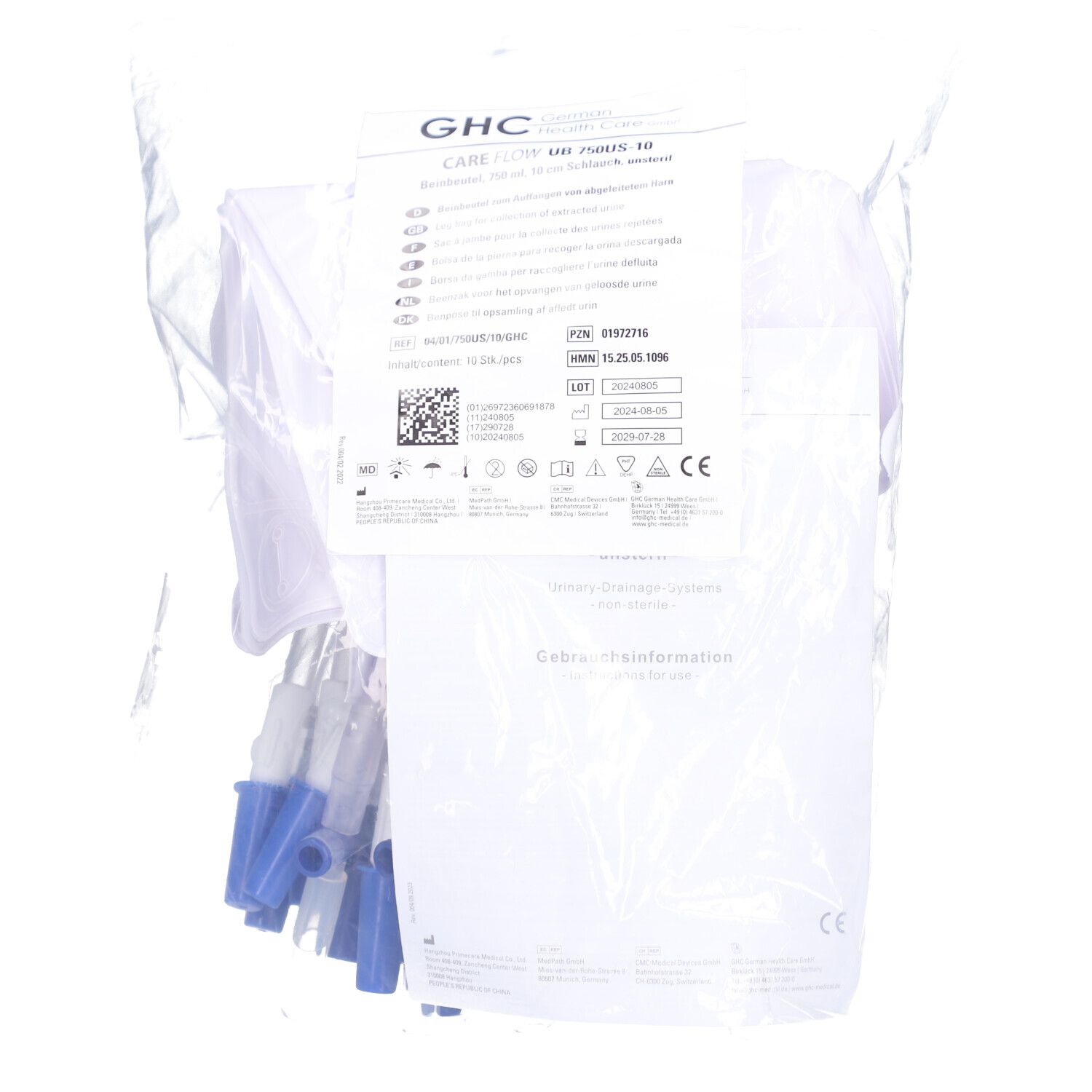 GHC CAREFLOW Urinbeutel-Set in transparenter Verpackung. Enthält Beutel mit blauen Anschlüssen und Informationsmaterial.
