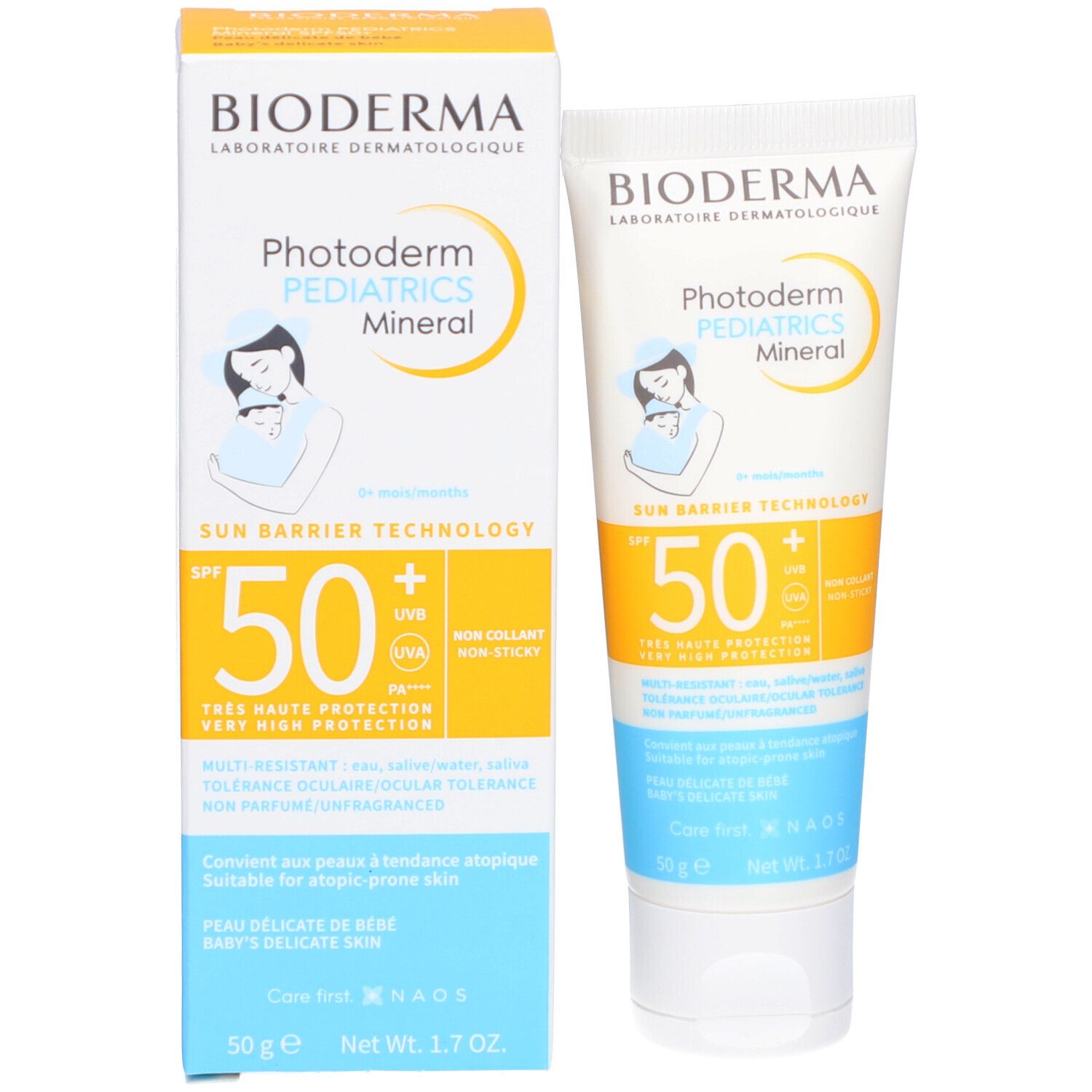 Bioderma Photoderm Pädiatrie Mineral SPF50+ Tube und Schachtel. Baby-Illustration. Gelb, blau und weiß. Sonnenschutz.