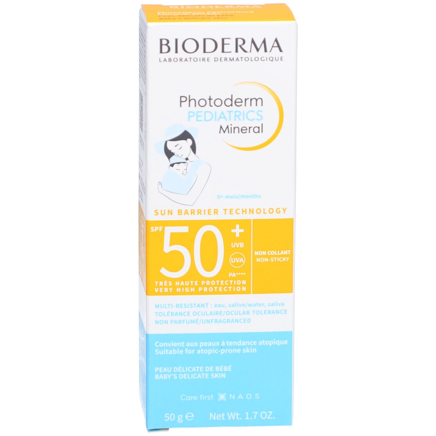 Schachtel Bioderma Photoderm Pädiatrie Mineral SPF50+. Baby-Illustration. Gelb, blau und weiß. Sonnenschutz.