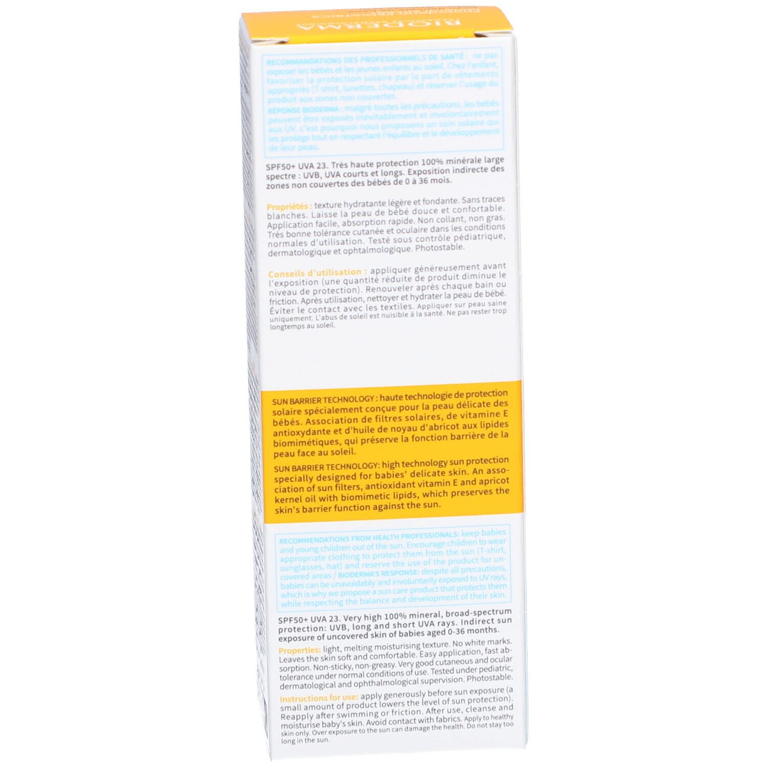 Seite der Schachtel. Text in mehreren Sprachen. Informationen zum Produkt. Gelb, blau und weiß.