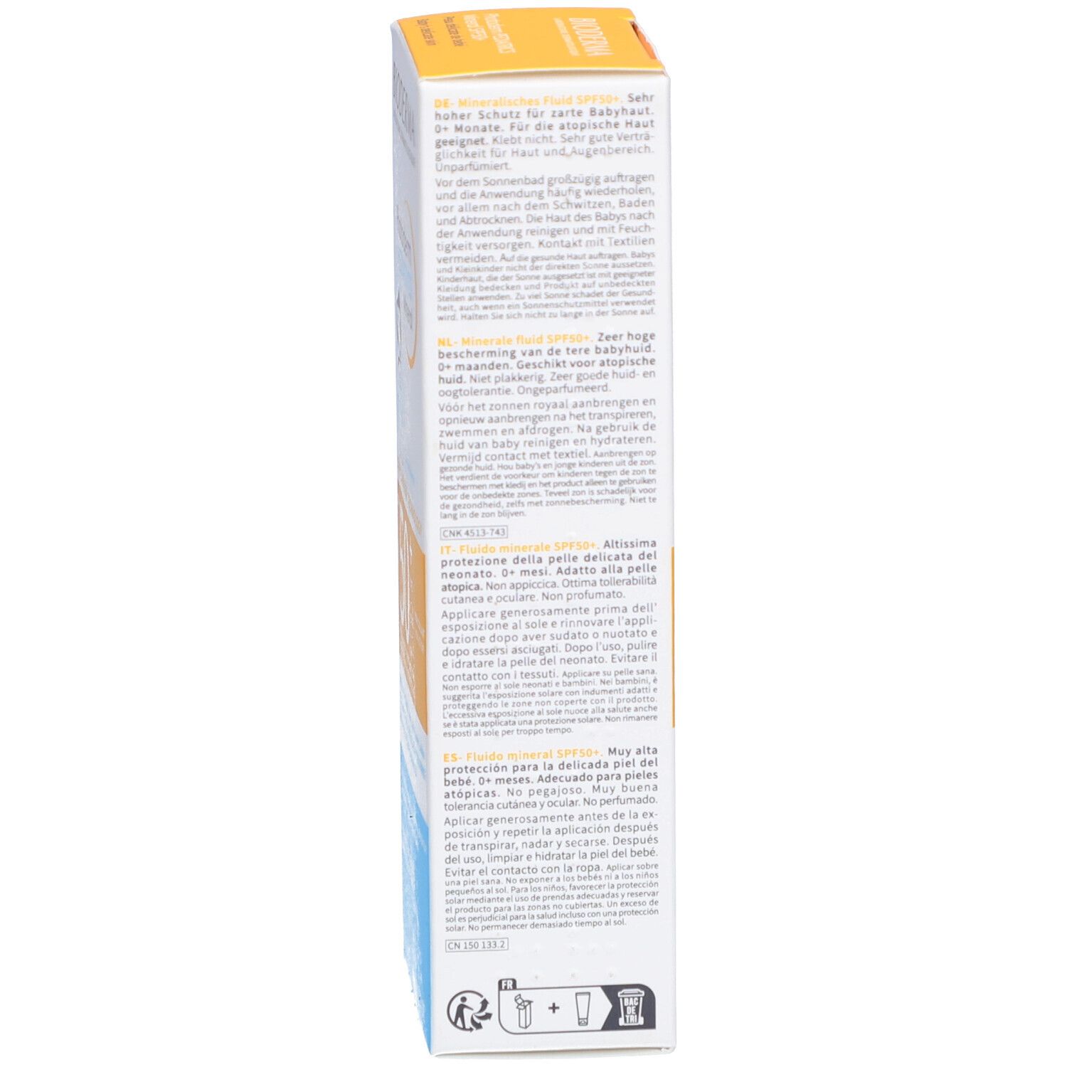 Seite der Schachtel. Text in mehreren Sprachen. Informationen zum Produkt. Gelb, blau und weiß.