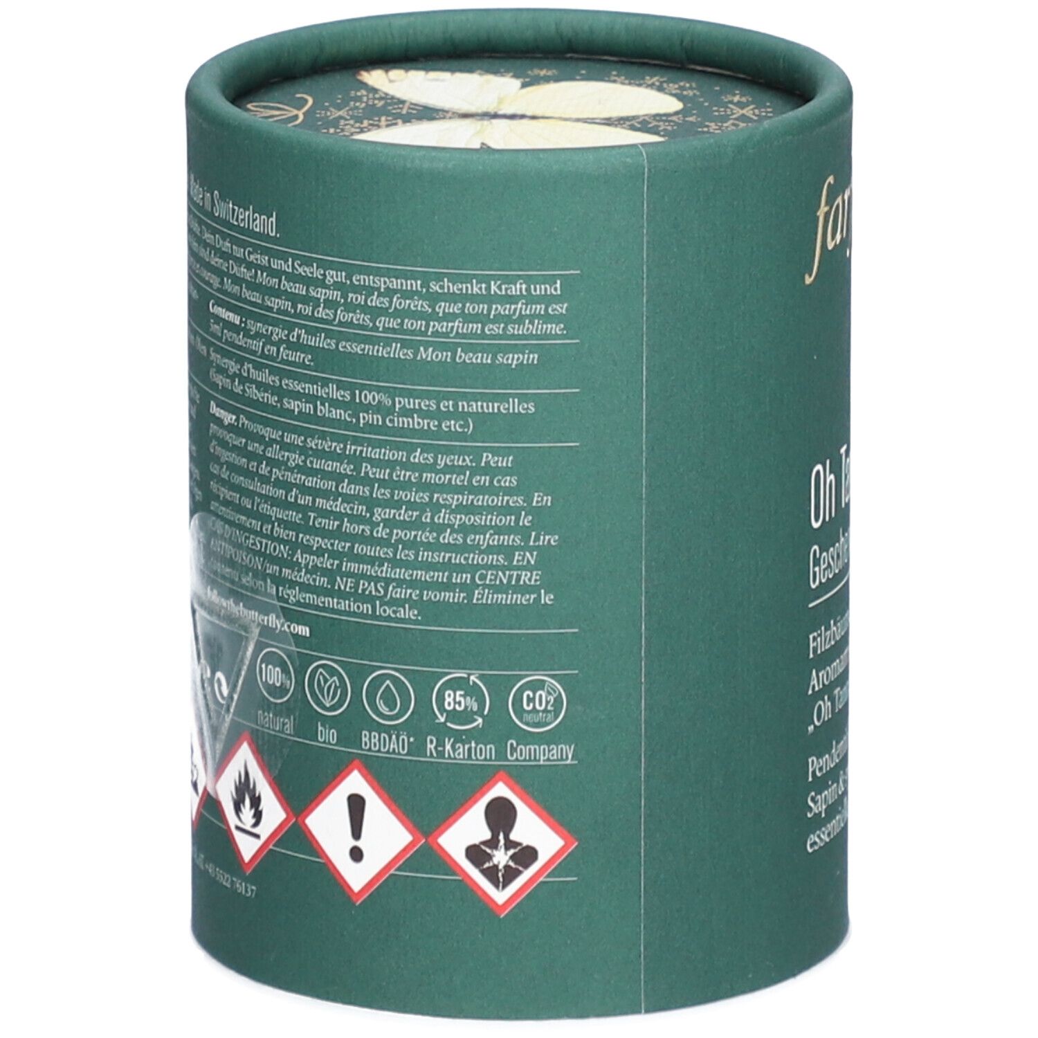 Rückseite der Geschenkverpackung mit Warnhinweisen, Siegeln (Bio, 100% natürlich) und Produktinformationen auf Deutsch und Französisch.