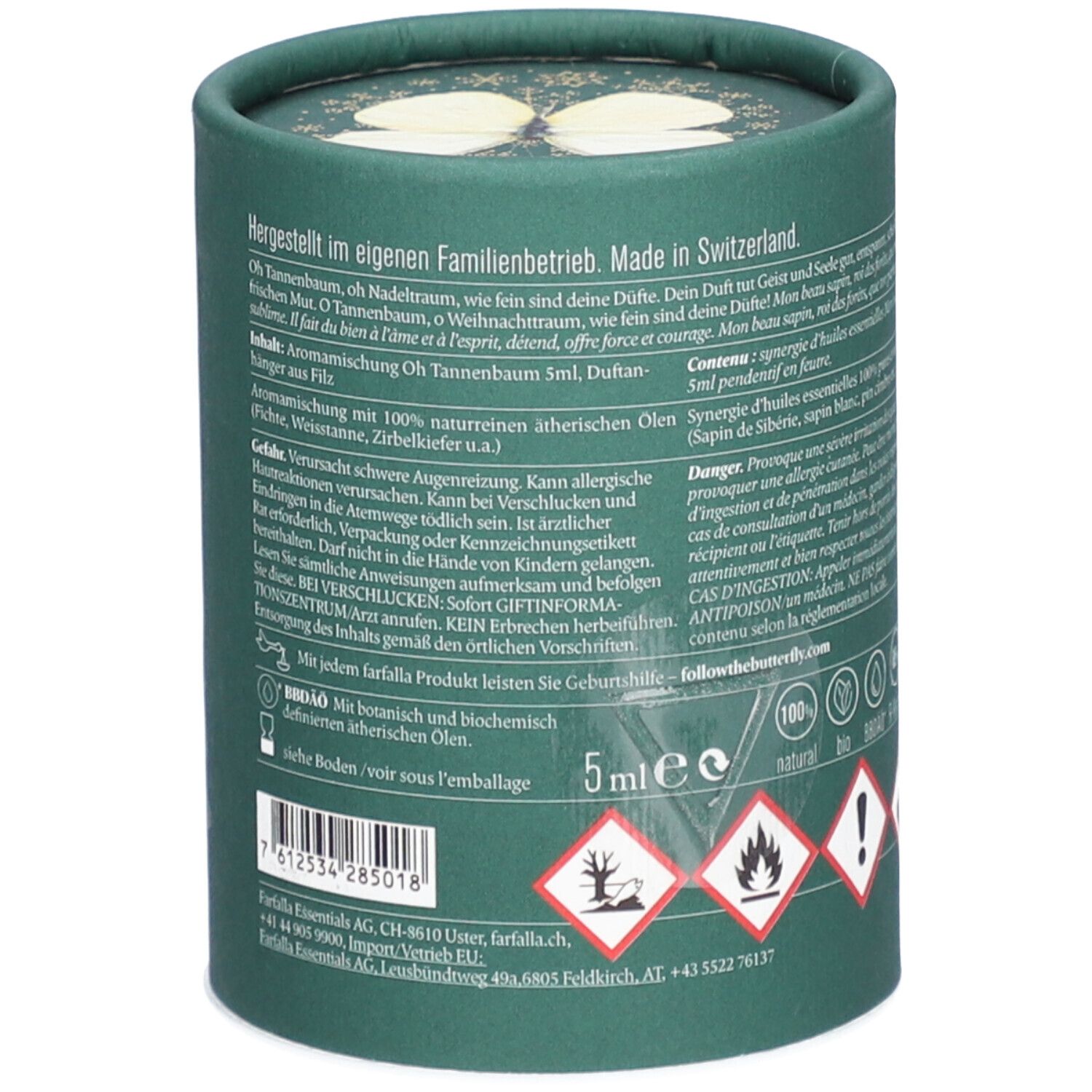 Seitenansicht der Geschenkverpackung mit detaillierten Anwendungshinweisen, Inhaltsangabe (5ml) und Siegeln.