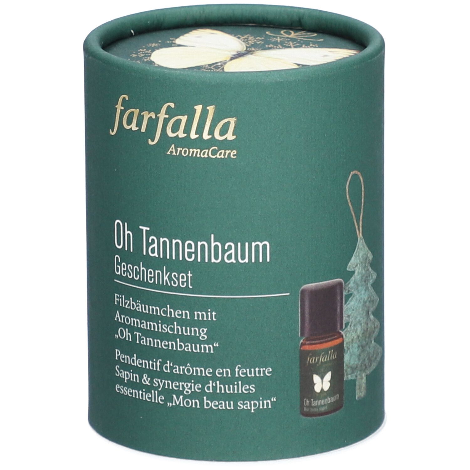 Geschenkverpackung mit Farfalla AromaCare Logo, "Oh Tannenbaum" Aufschrift, einem kleinen Fläschchen und einem Tannenzapfen-Anhänger.