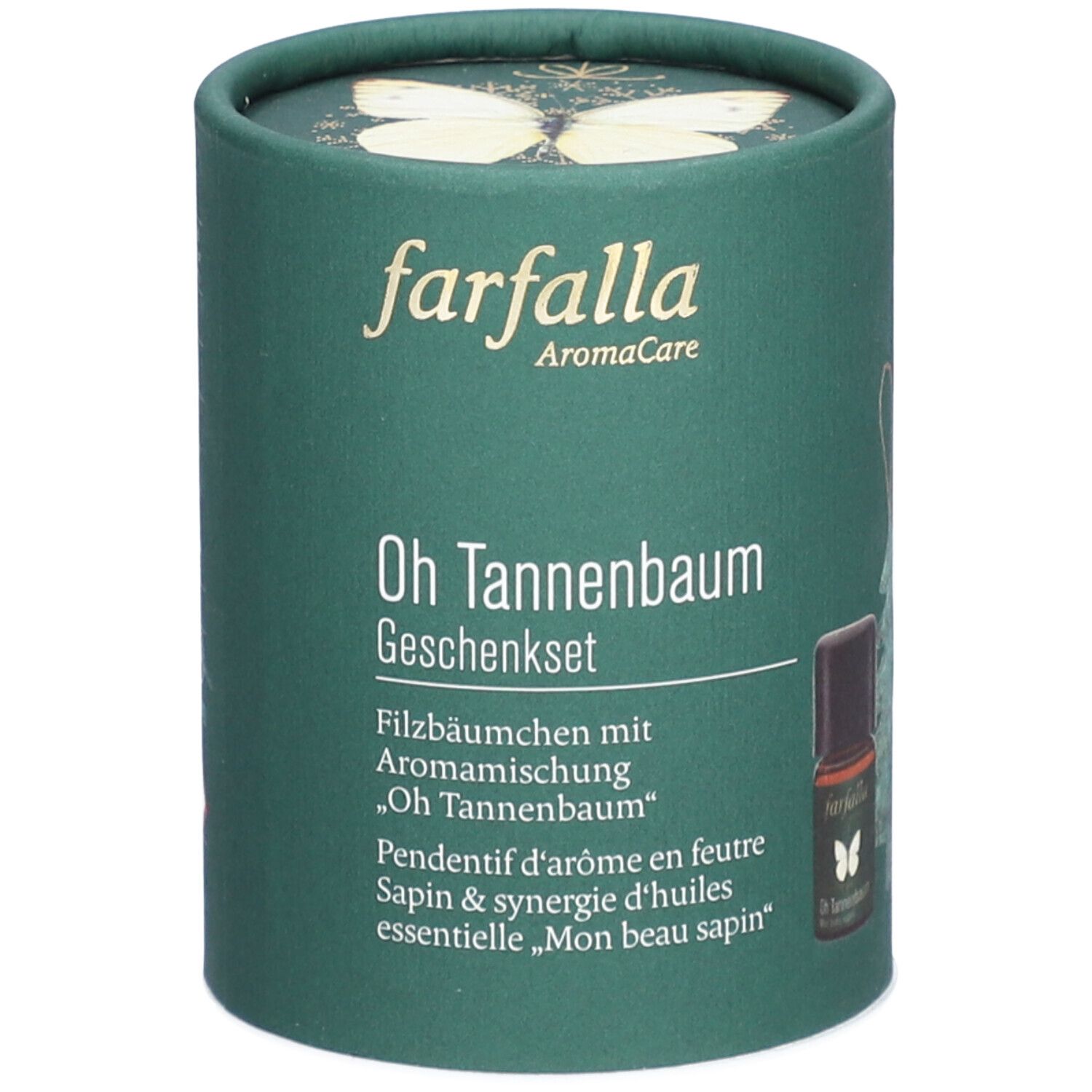 Vorderseite der Geschenkverpackung mit Farfalla AromaCare Logo, "Oh Tannenbaum" Aufschrift und einem kleinen Fläschchen.
