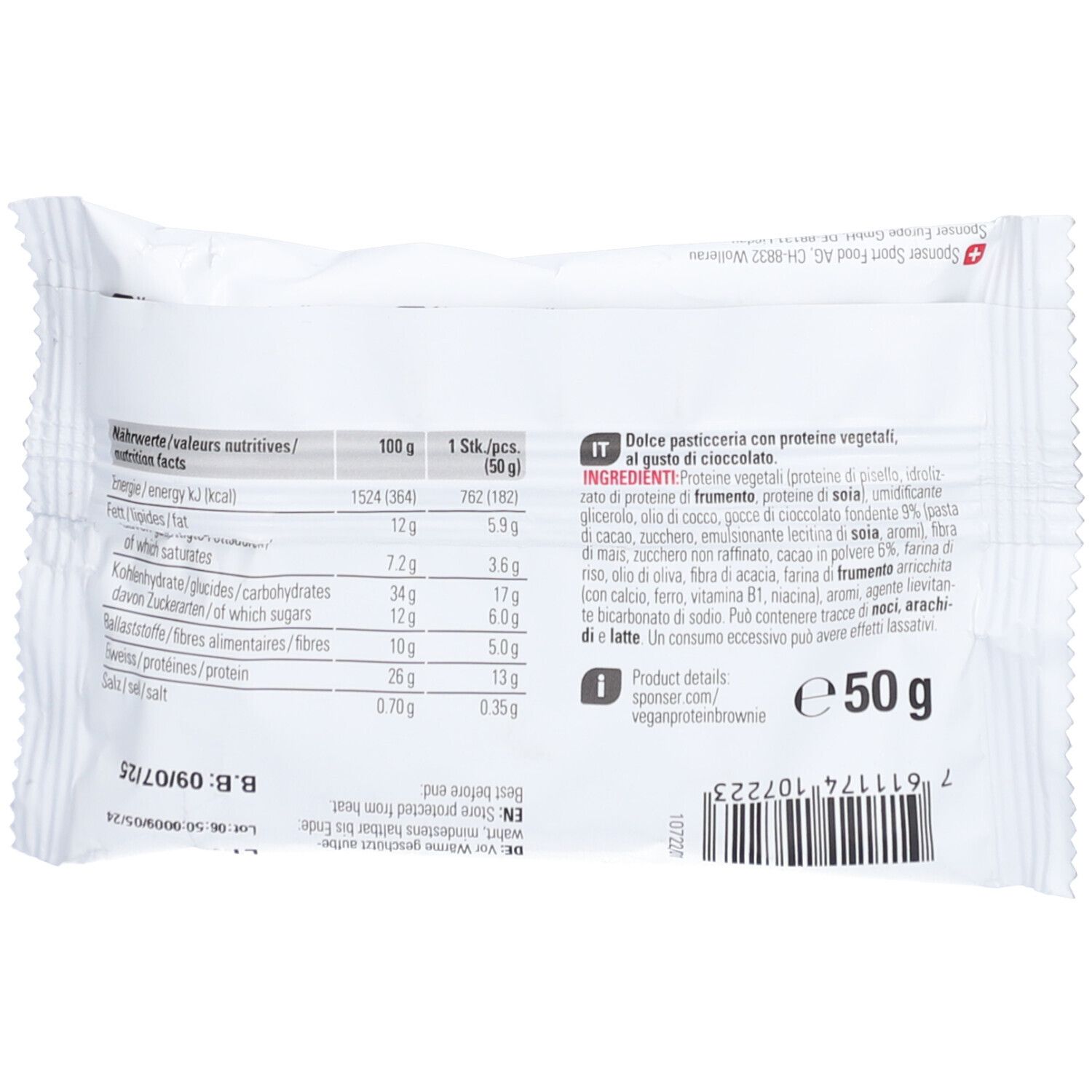 Rückseite der SPONSER Vegan Protein Brownie Verpackung. Nährwertangaben, Zutatenliste, Gewicht 50g, Barcode.