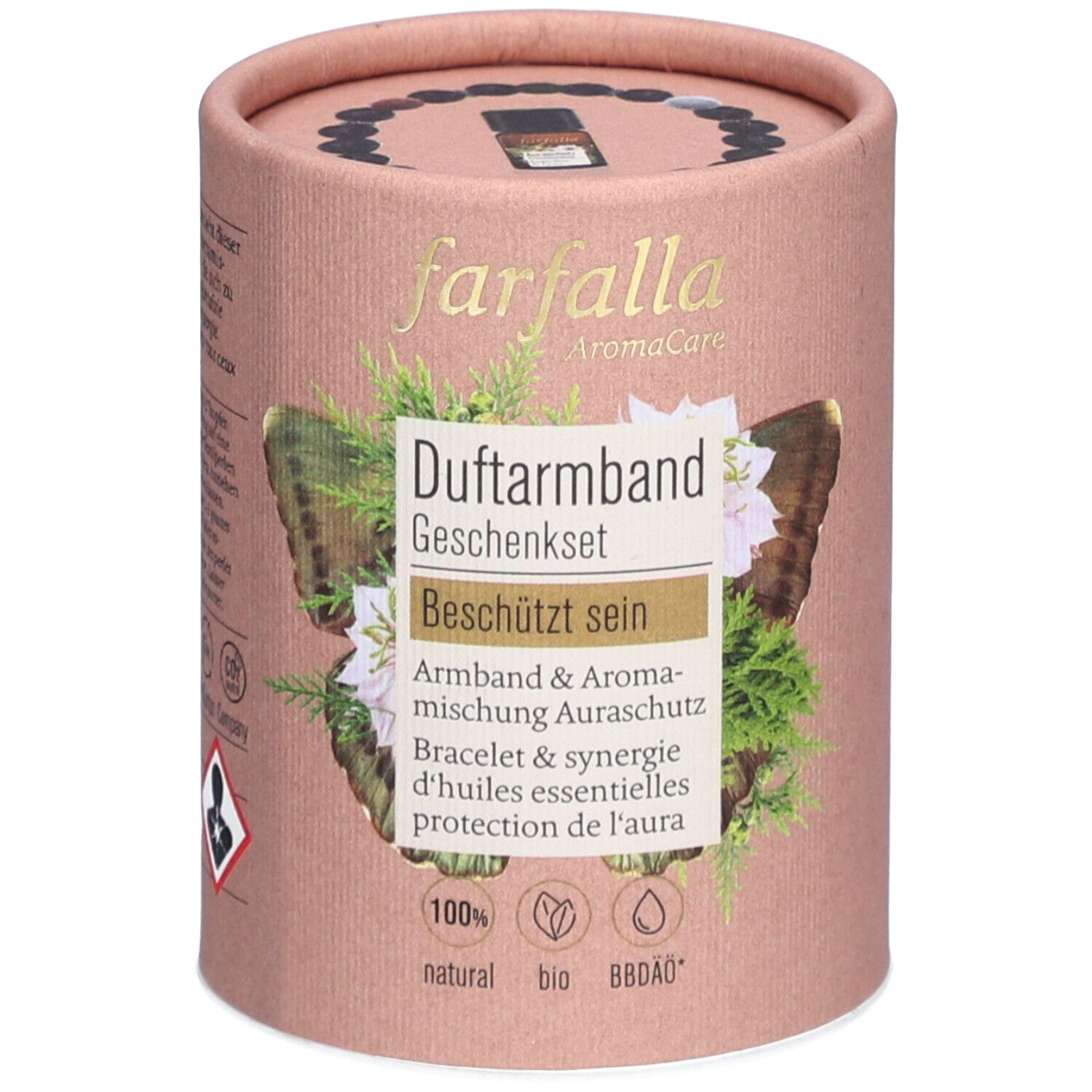 Emballage cadeau cylindrique avec étiquette produit. Contient bracelet parfumé et mélange aromatique. Logo : farfalla AromaCare.