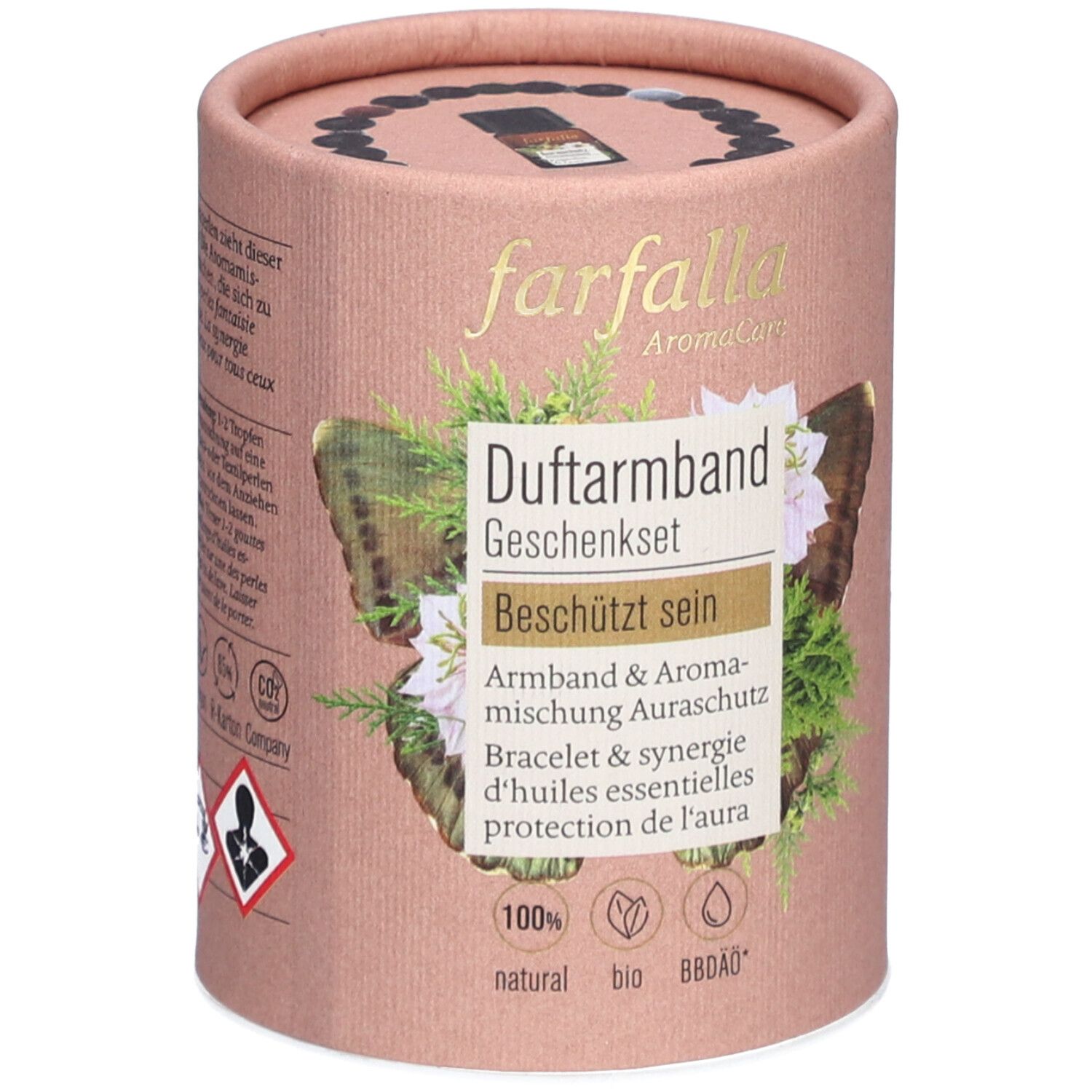 Emballage cadeau cylindrique avec étiquette produit. Contient bracelet parfumé et mélange aromatique. Logo : farfalla AromaCare.