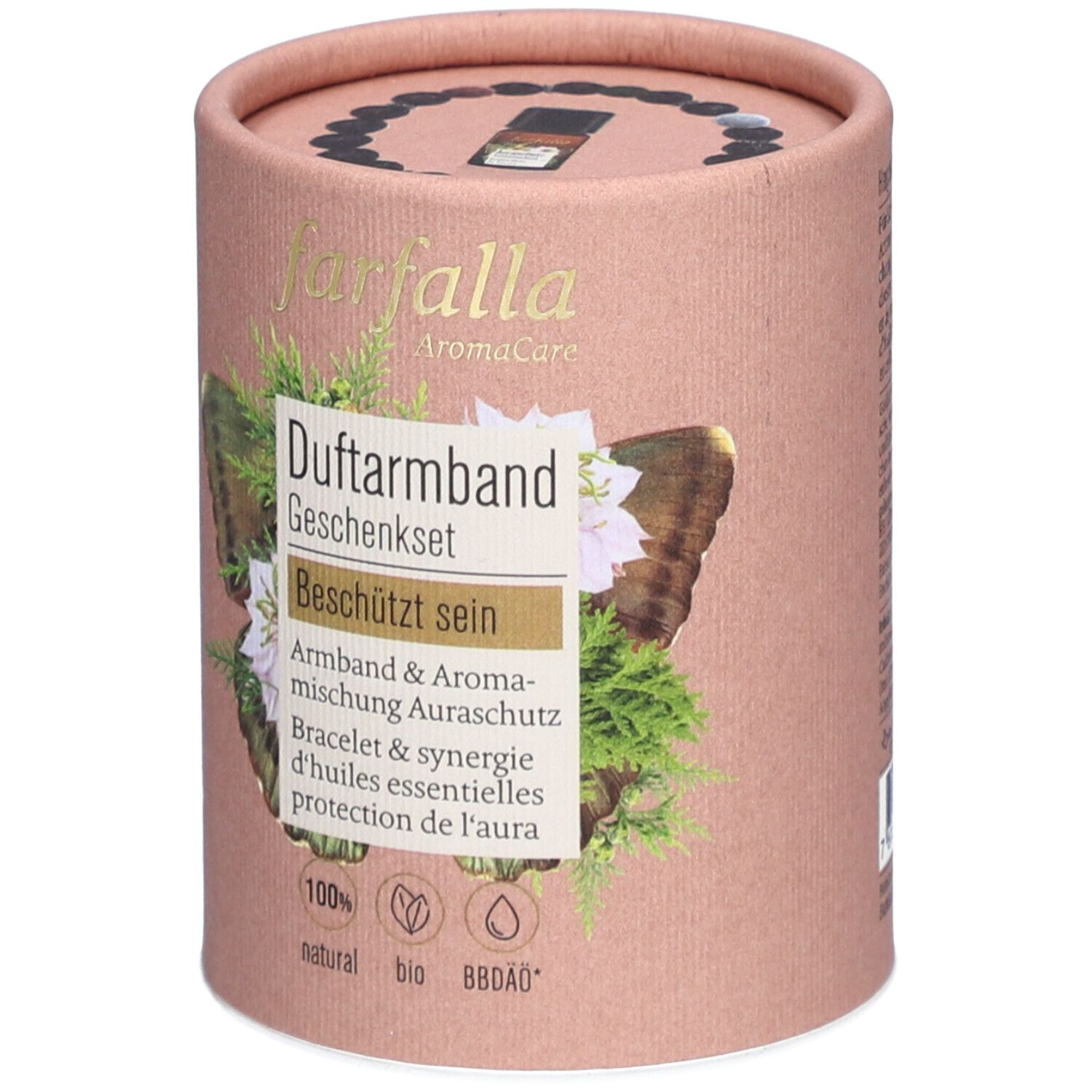 Emballage cadeau cylindrique avec étiquette produit. Contient bracelet parfumé et mélange aromatique. Logo : farfalla AromaCare.