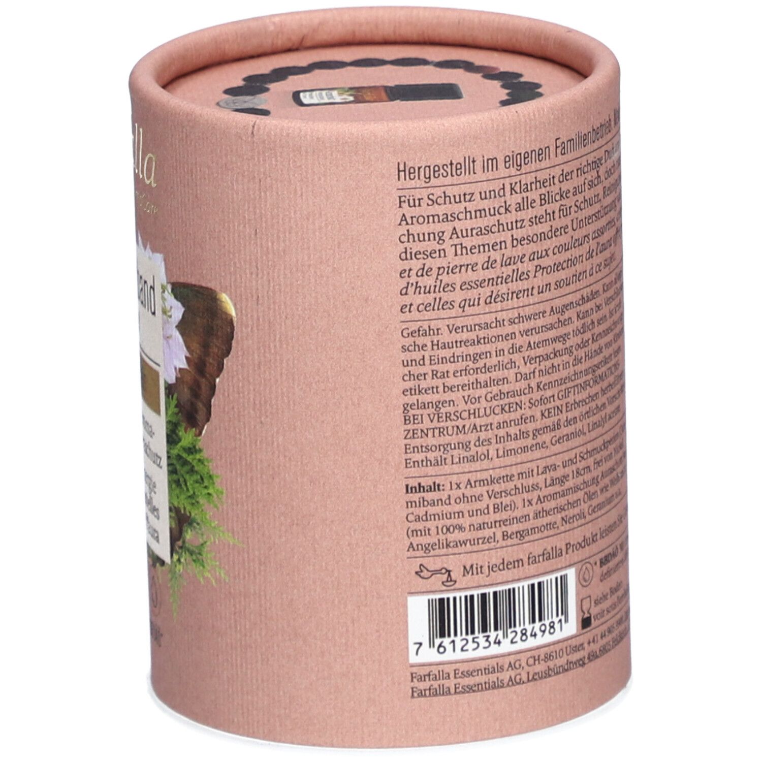 Dos de l'emballage cadeau. Texte avec informations sur le contenu et avertissements. Contient bracelet et huiles essentielles.