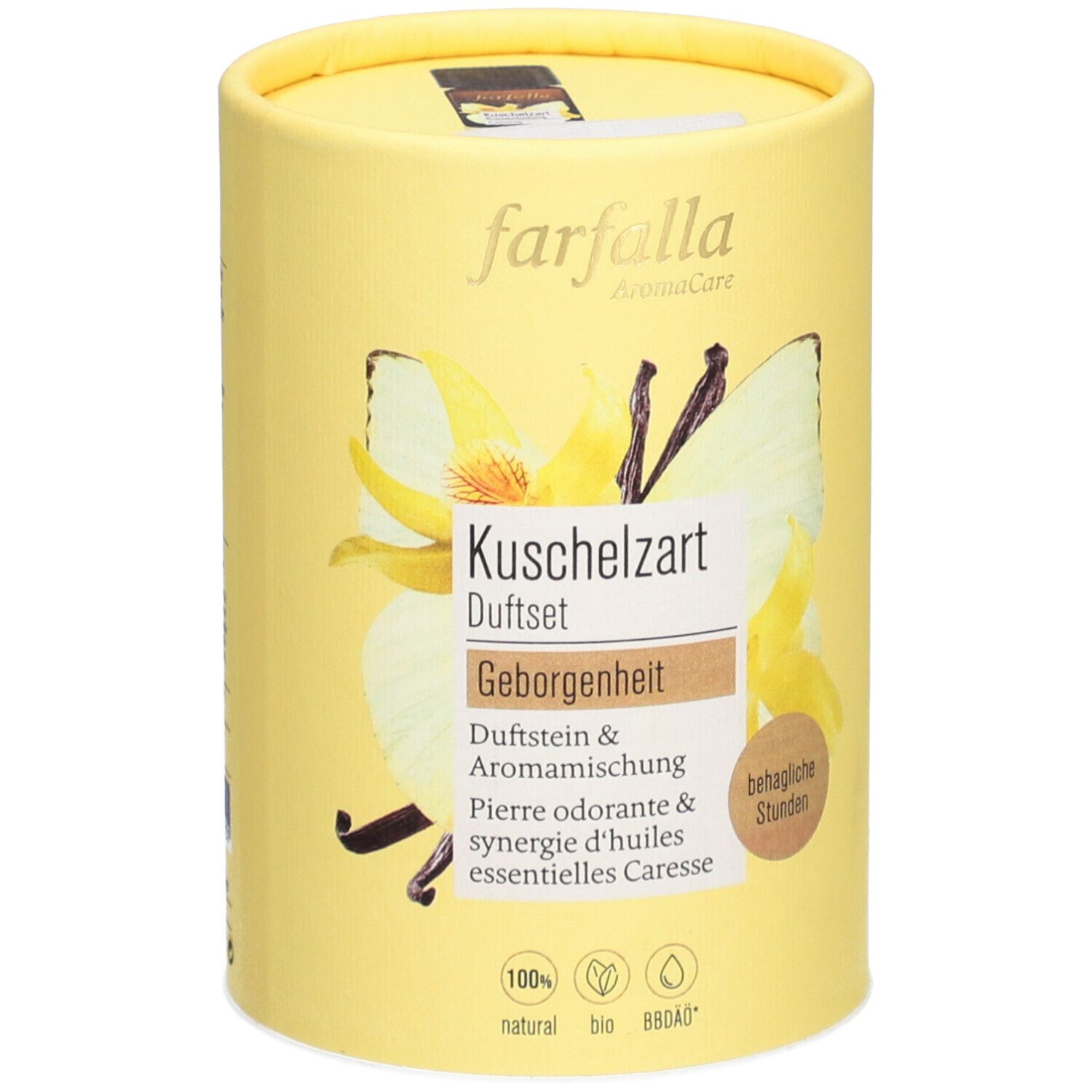 Gelbe zylindrische Verpackung. Aufschrift: Farfalla AromaCare, Kuschelzart Duftset, Geborgenheit. Mit Logo und Zertifizierungen.