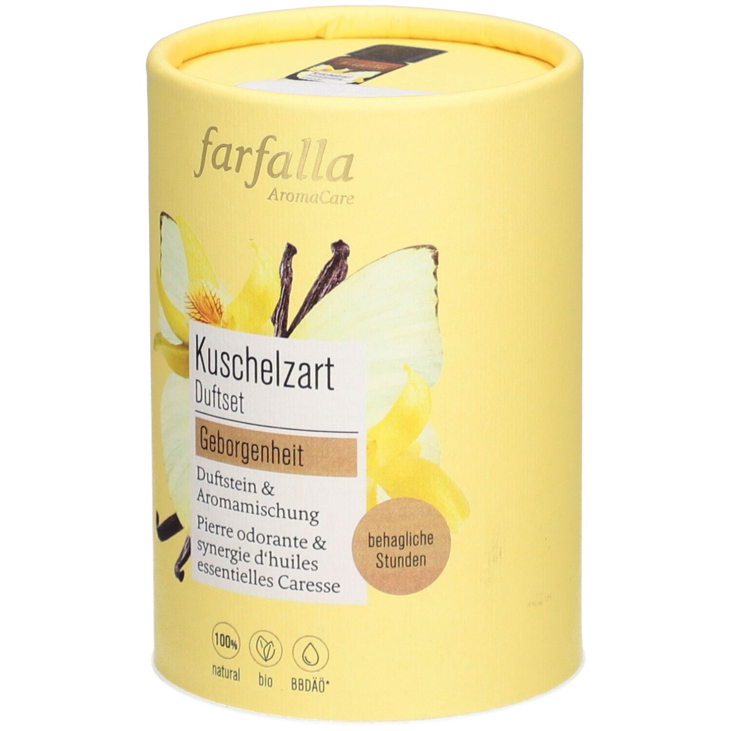 Gelbe zylindrische Verpackung. Aufschrift: Farfalla AromaCare, Kuschelzart Duftset, Geborgenheit. Mit Logo und Zertifizierungen.