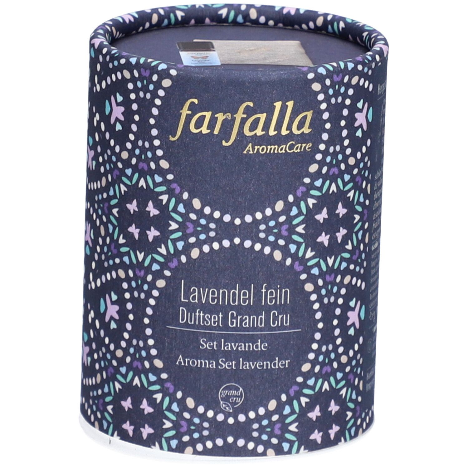 Emballage cylindrique à motifs floraux. Inscription : farfalla AromaCare, Lavande fine Coffret Grand Cru.