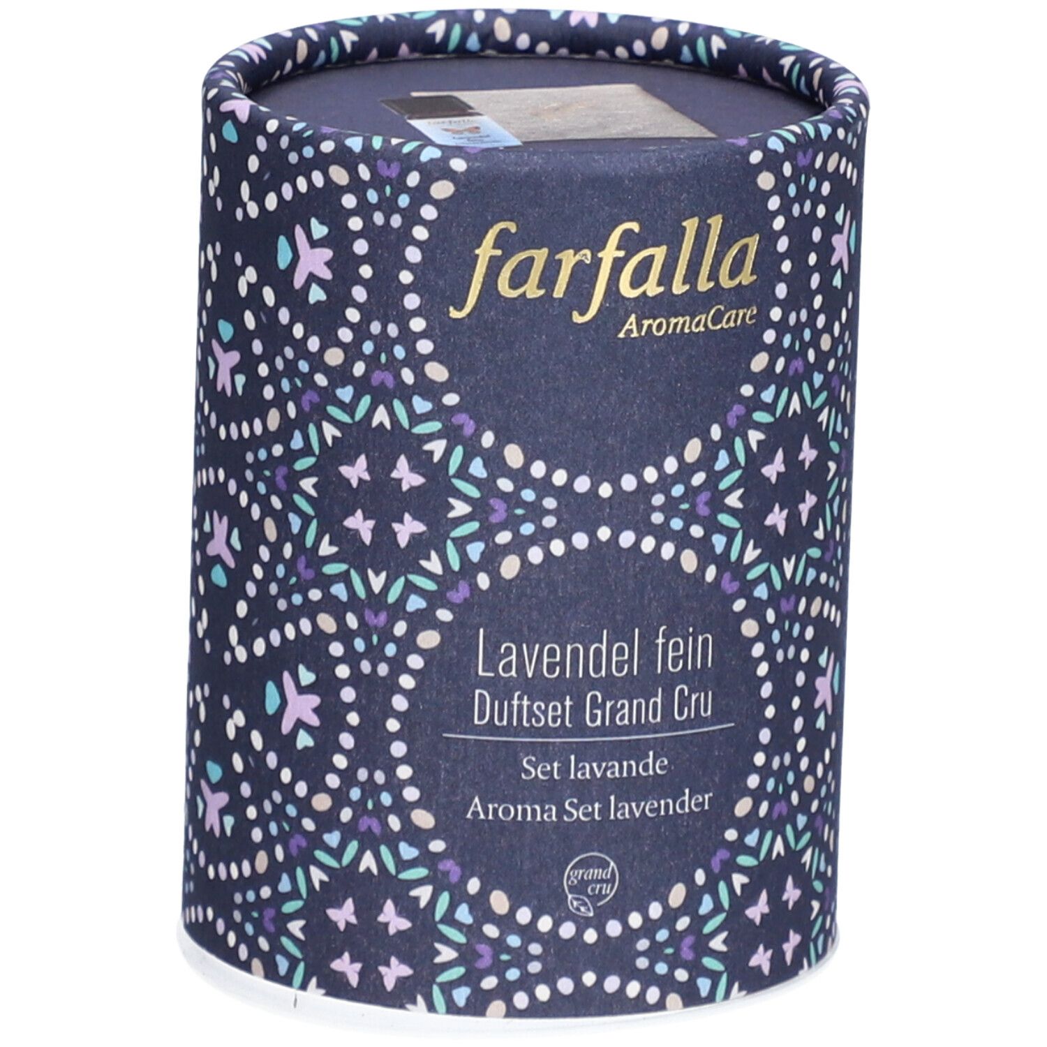 Emballage cylindrique à motifs floraux. Inscription : farfalla AromaCare, Lavande fine Coffret Grand Cru.