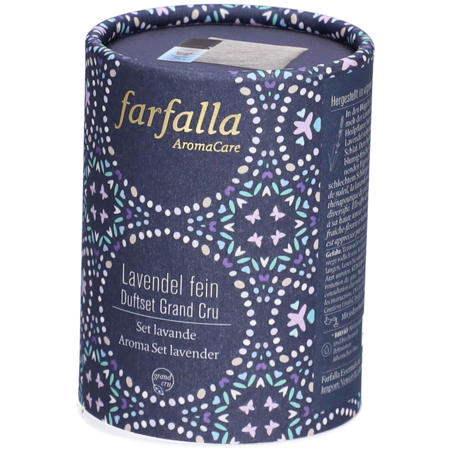 Emballage cylindrique à motifs floraux. Inscription : farfalla AromaCare, Lavande fine Coffret Grand Cru.