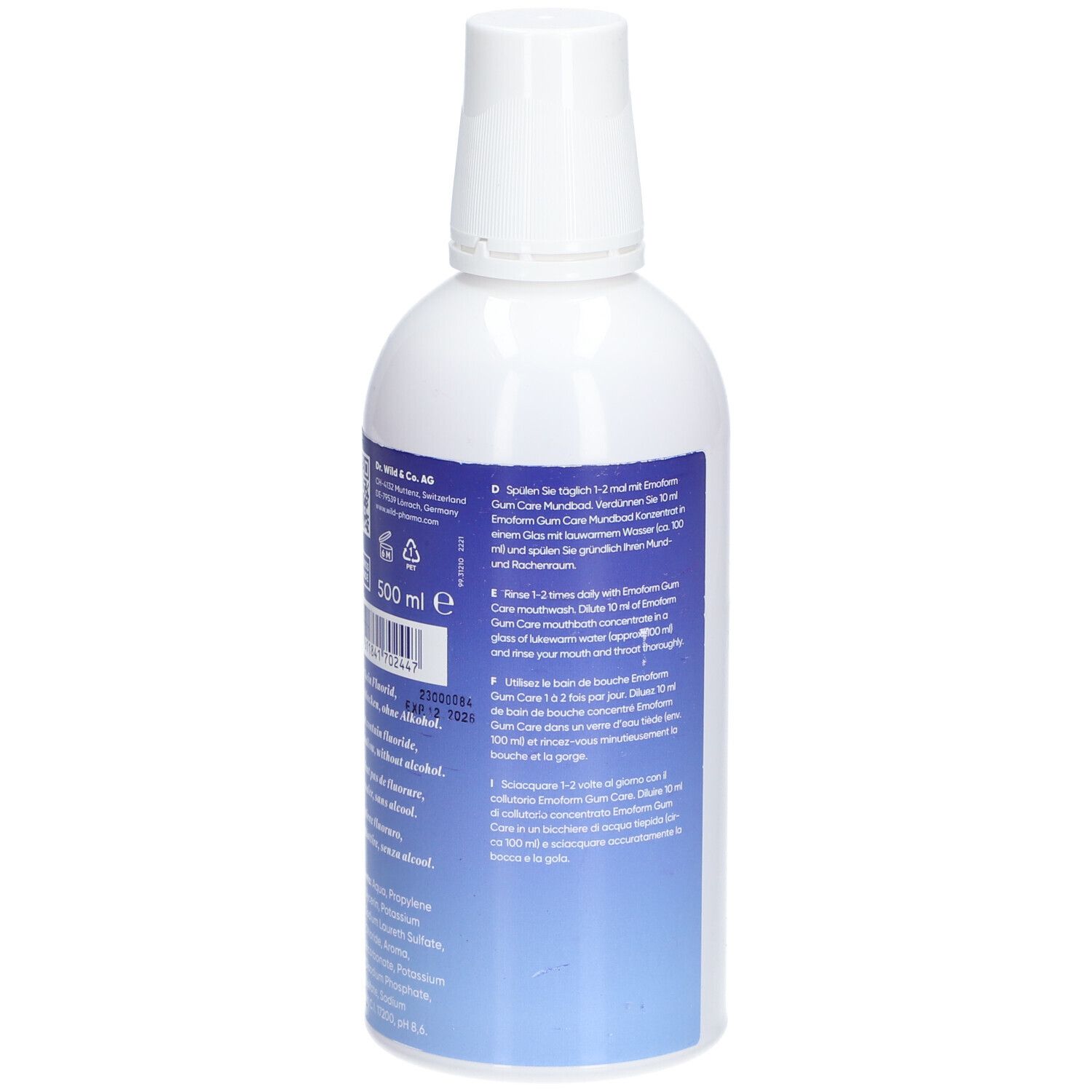 Rückseite der weißen Flasche mit blauem Etikett. Text in mehreren Sprachen. 500 ml.