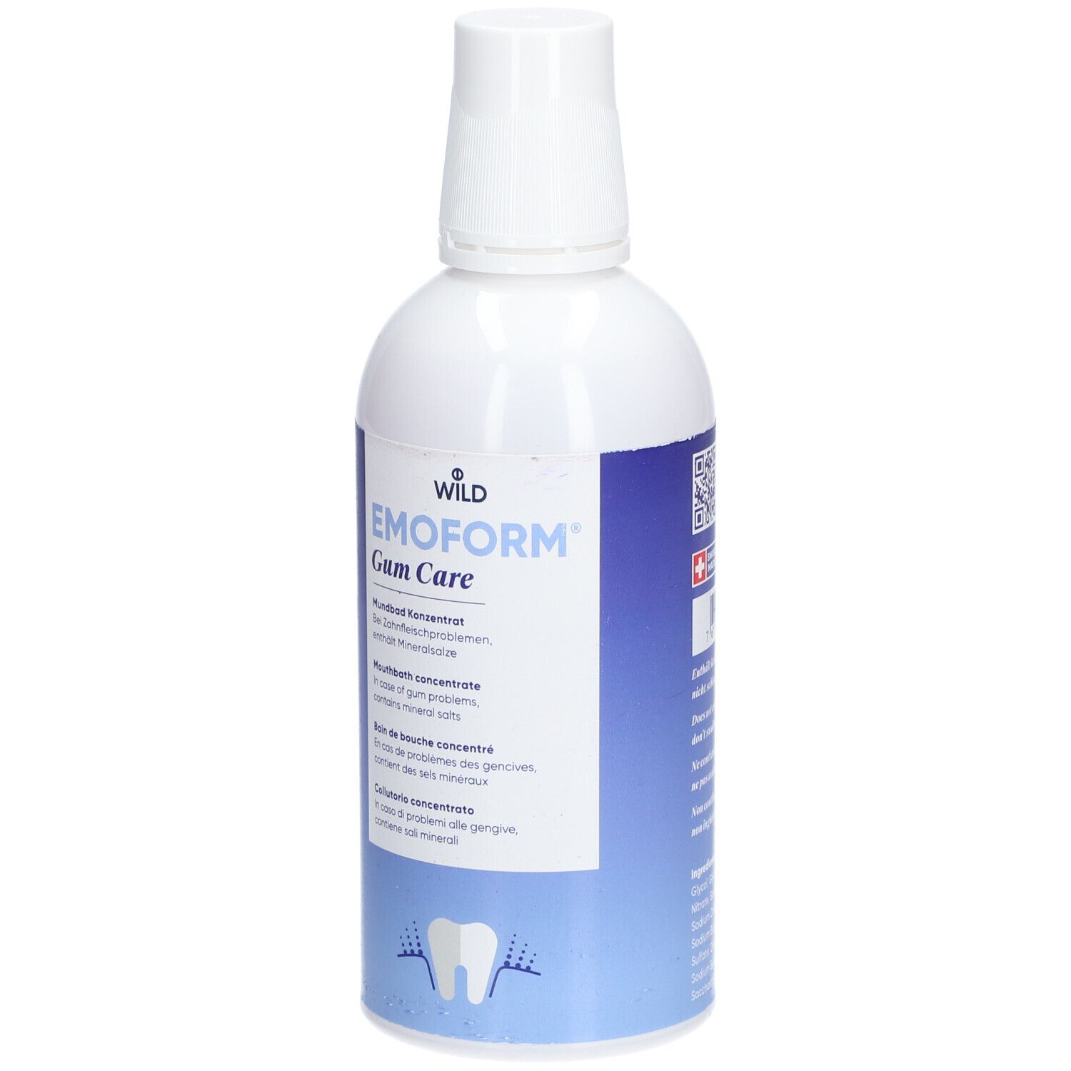 Weiße Flasche mit blauem Etikett. Aufschrift: EMOFORM Gum Care. Mundspülung. Enthält Mineralstoffe. Schweizer Kreuz.