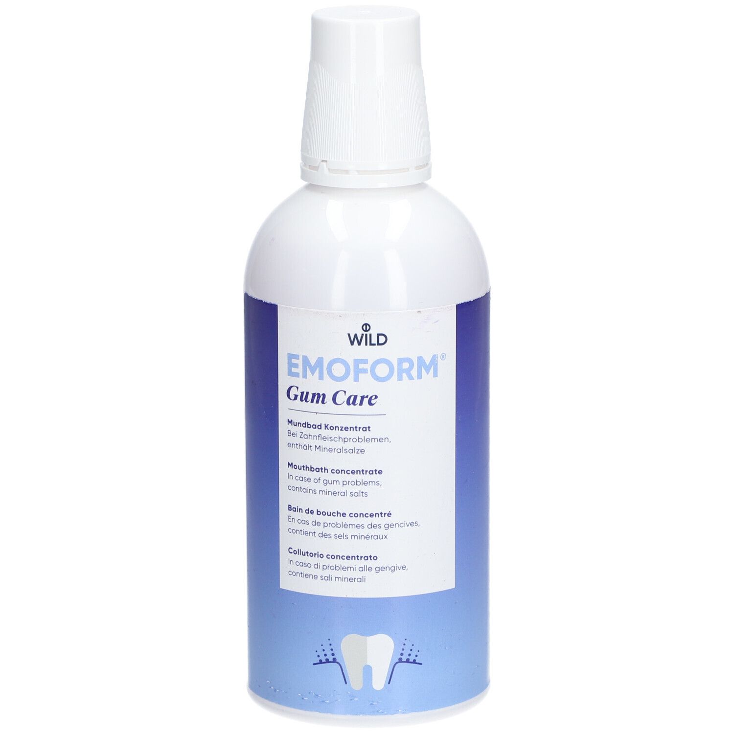 Weiße Flasche mit blauem Etikett. Aufschrift: EMOFORM Gum Care. Mundspülung. Enthält Mineralstoffe.