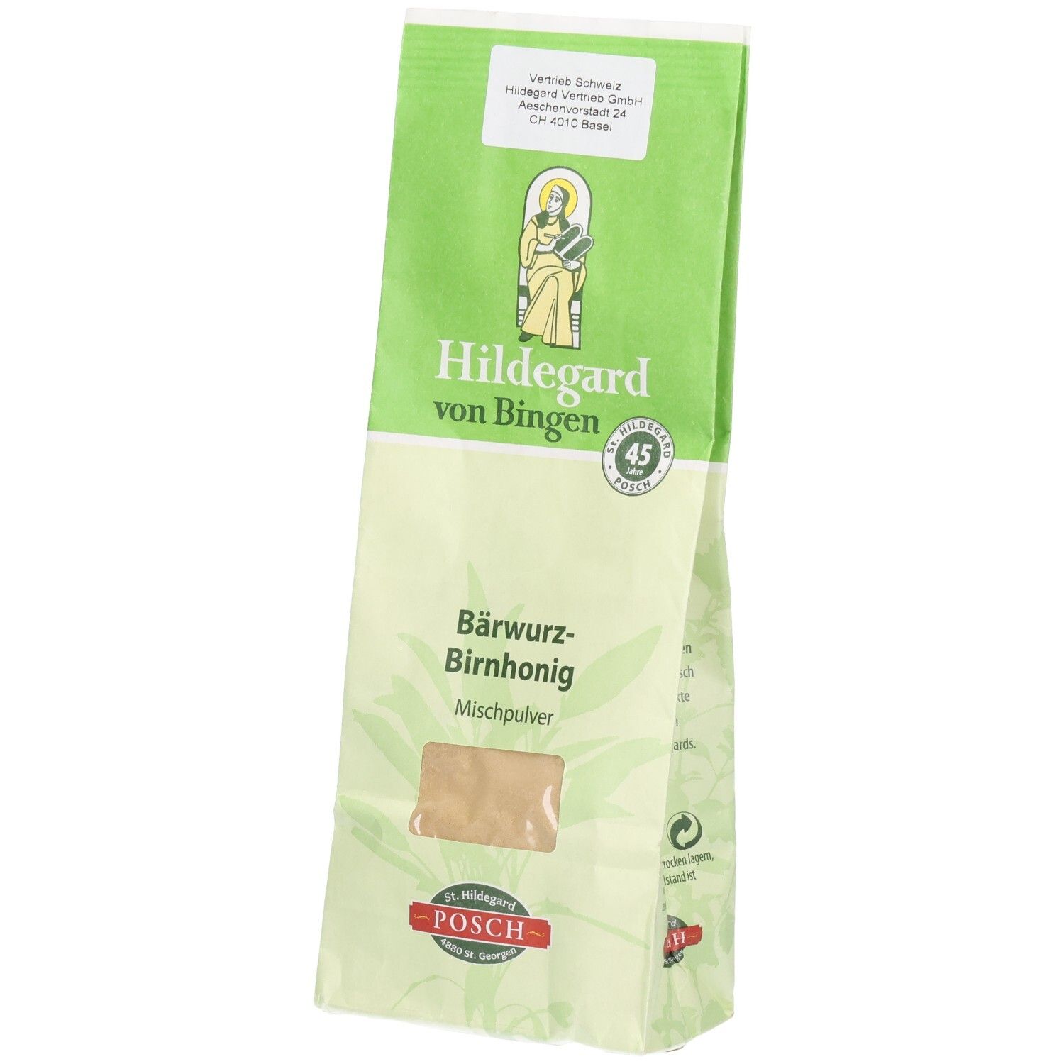 Beutel mit Mischpulver. Grün-weiße Verpackung mit Produktnamen und Logo. Sichtfenster zeigt Inhalt.