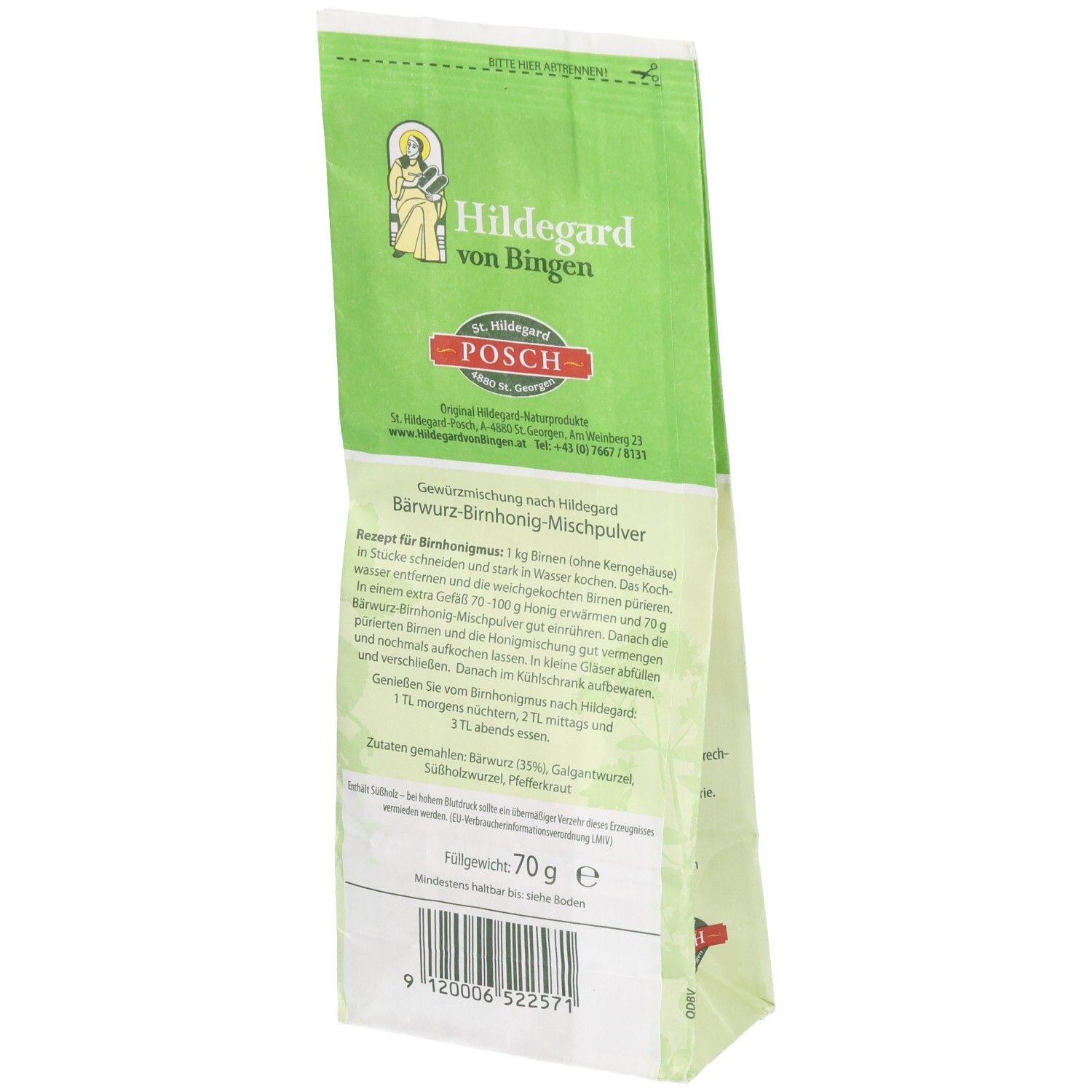 Rückseite eines Beutels mit Mischpulver. Textinformationen auf grün-weißer Verpackung. Gewicht 70g.