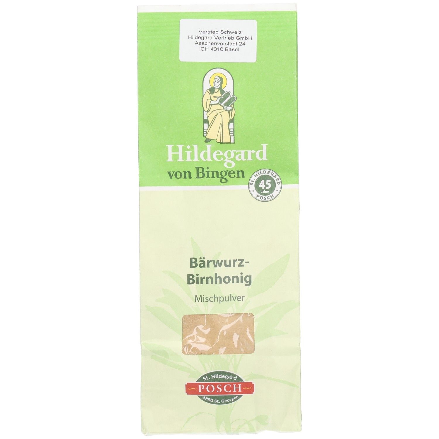 Beutel mit Mischpulver. Grün-weiße Verpackung mit Produktnamen und Logo. Sichtfenster zeigt Inhalt.