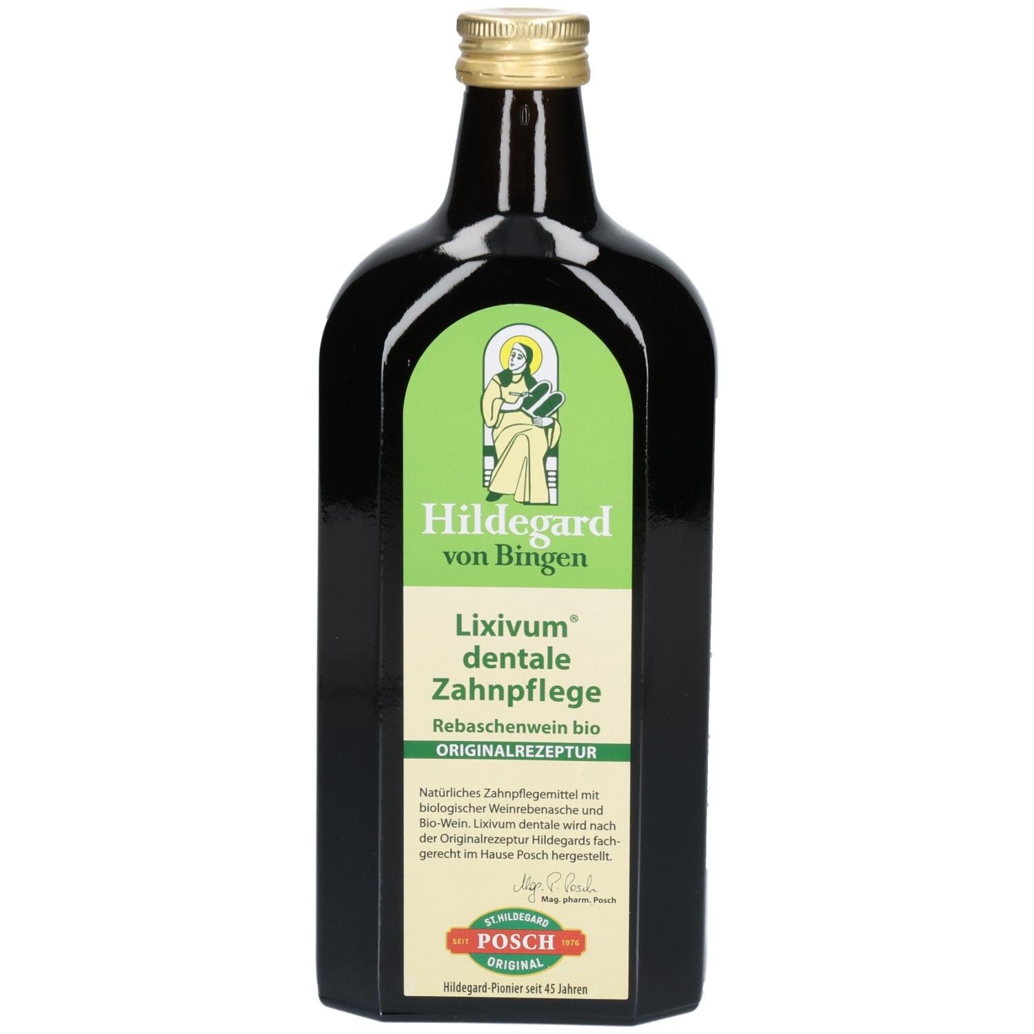 Braune Glasflasche mit grünem Etikett. Aufschrift: Hildegard von Bingen, Lixivum dentale Zahnpflege. Goldfarbener Verschluss.