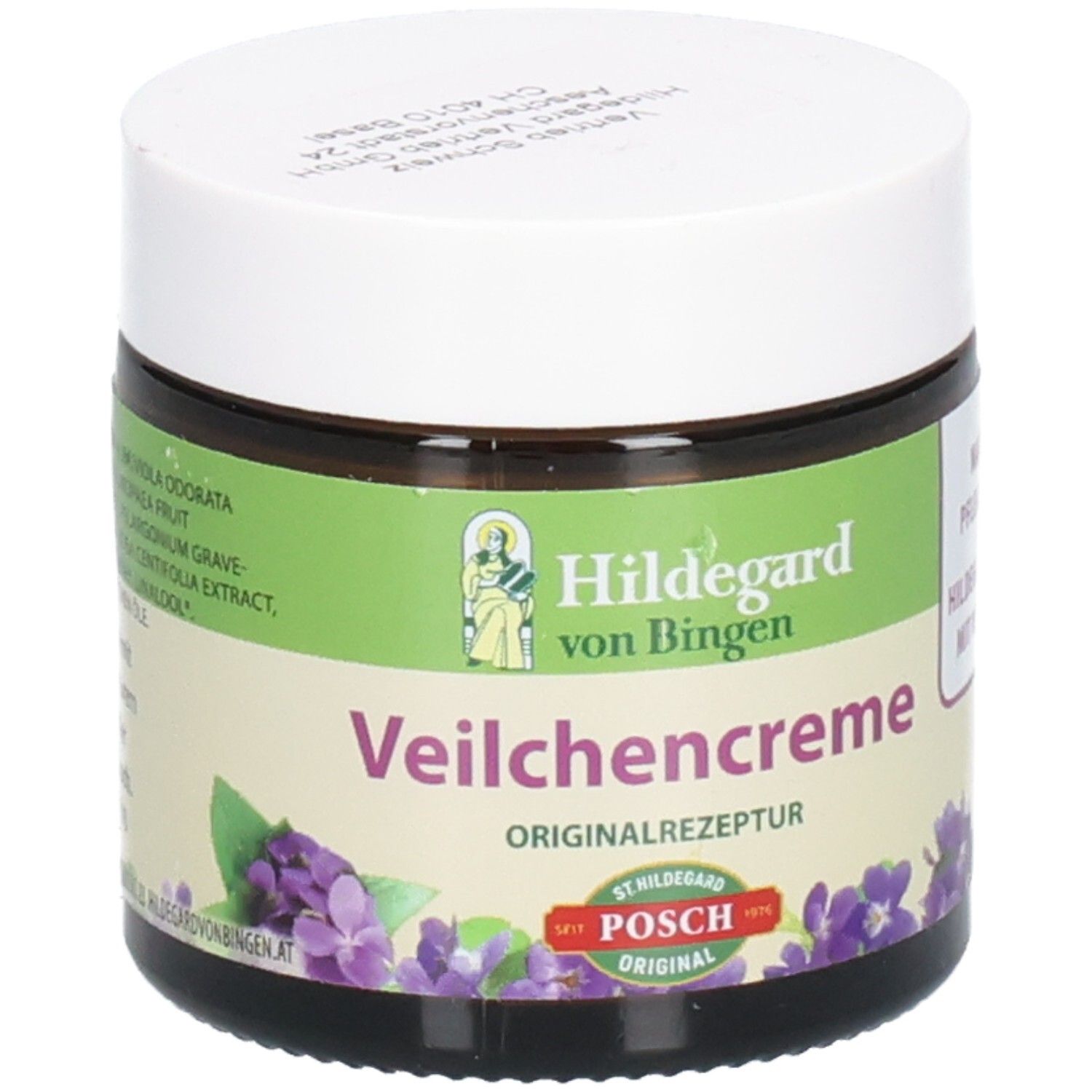 Braunes Glas mit weißem Deckel. Aufschrift: Hildegard von Bingen Veilchencreme. Originalrezeptur. POSCH Original.