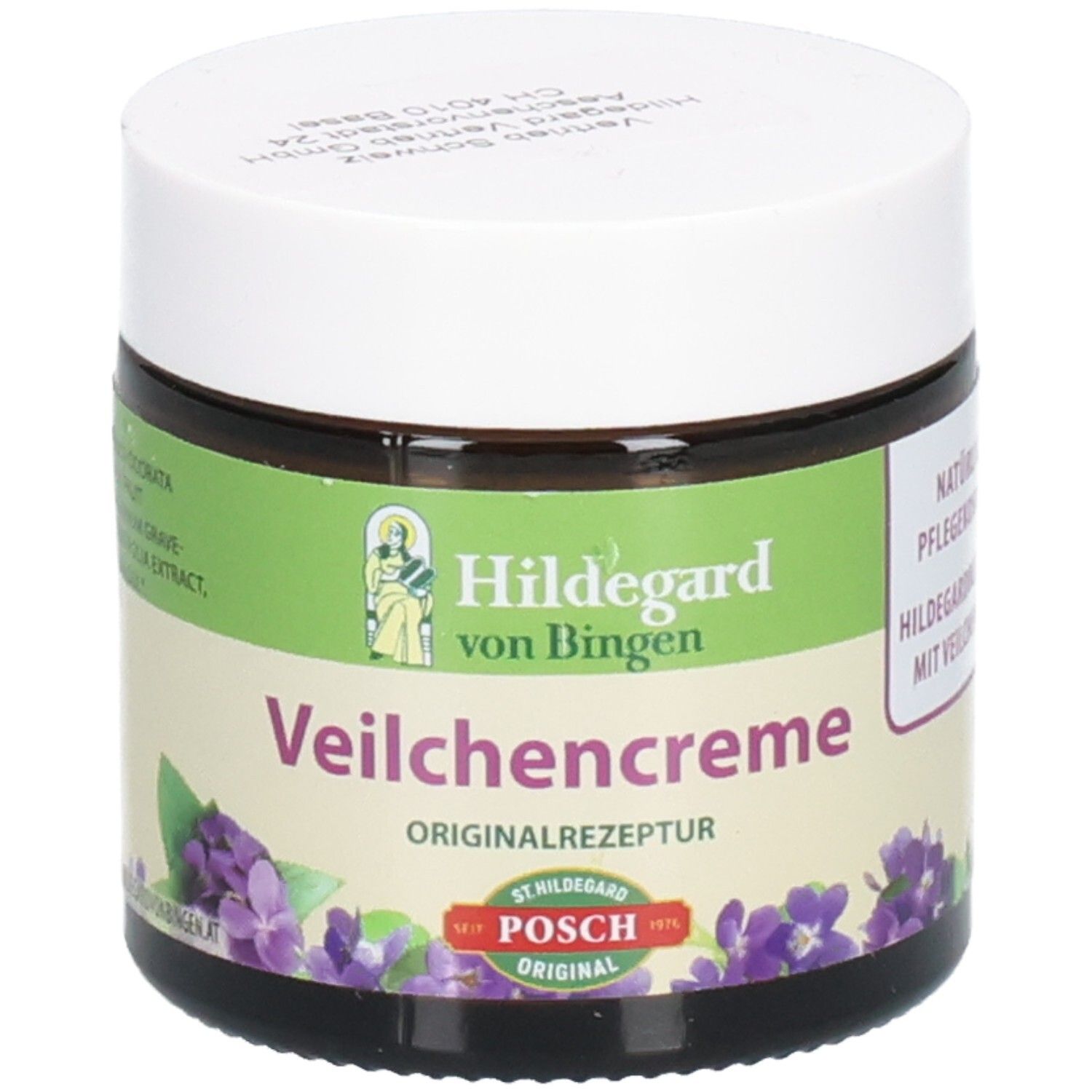 Braunes Glas mit weißem Deckel. Aufschrift: Hildegard von Bingen Veilchencreme. Originalrezeptur. POSCH Original.