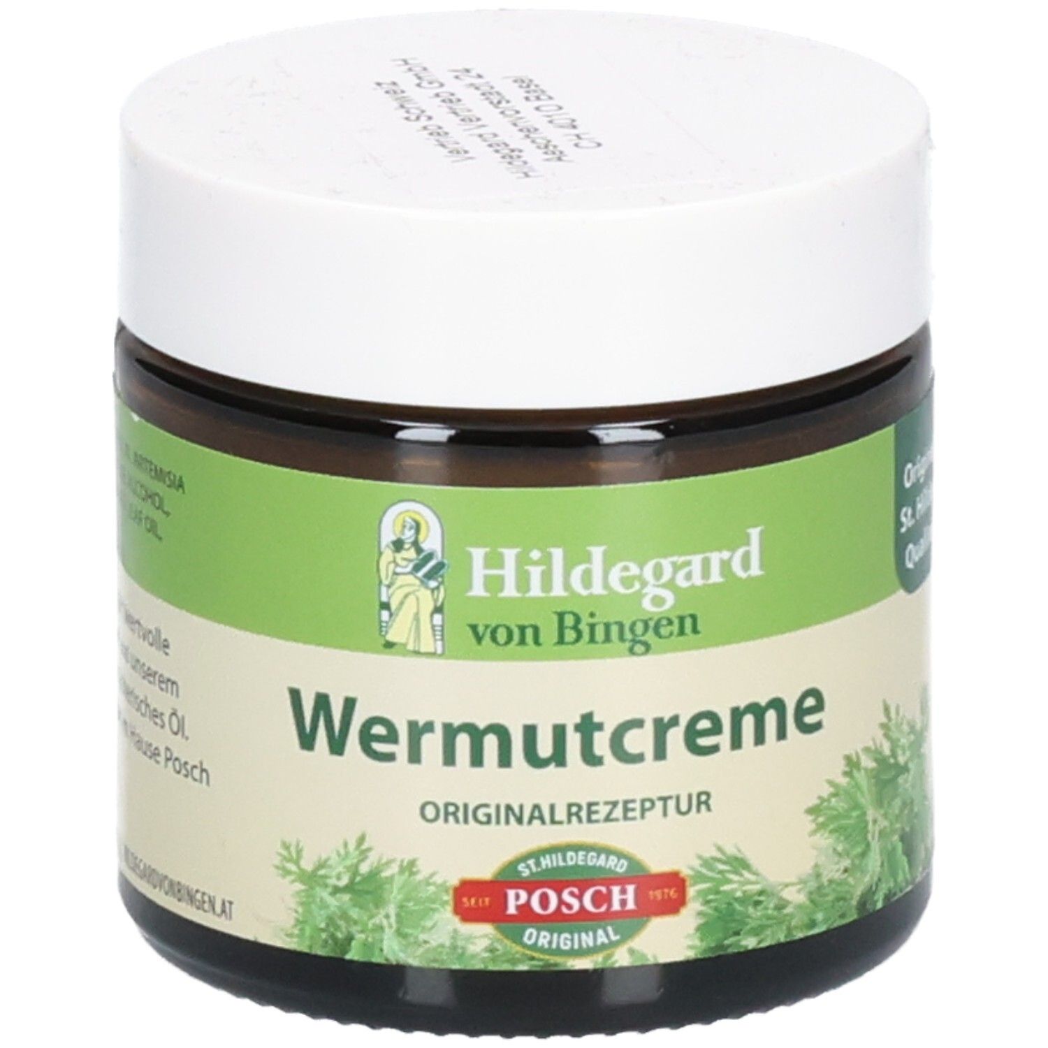 Braunes Glas mit weißem Deckel. Etikett mit Produktnamen und Logo. Text: Hildegard von Bingen, Wermutcreme, Originalrezeptur, POSCH Original.